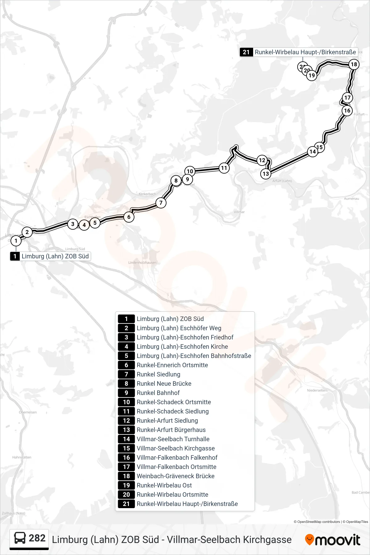 282 bus Line (Runkel-Wirbelau Haupt-/Birkenstraße) route and stops on a map