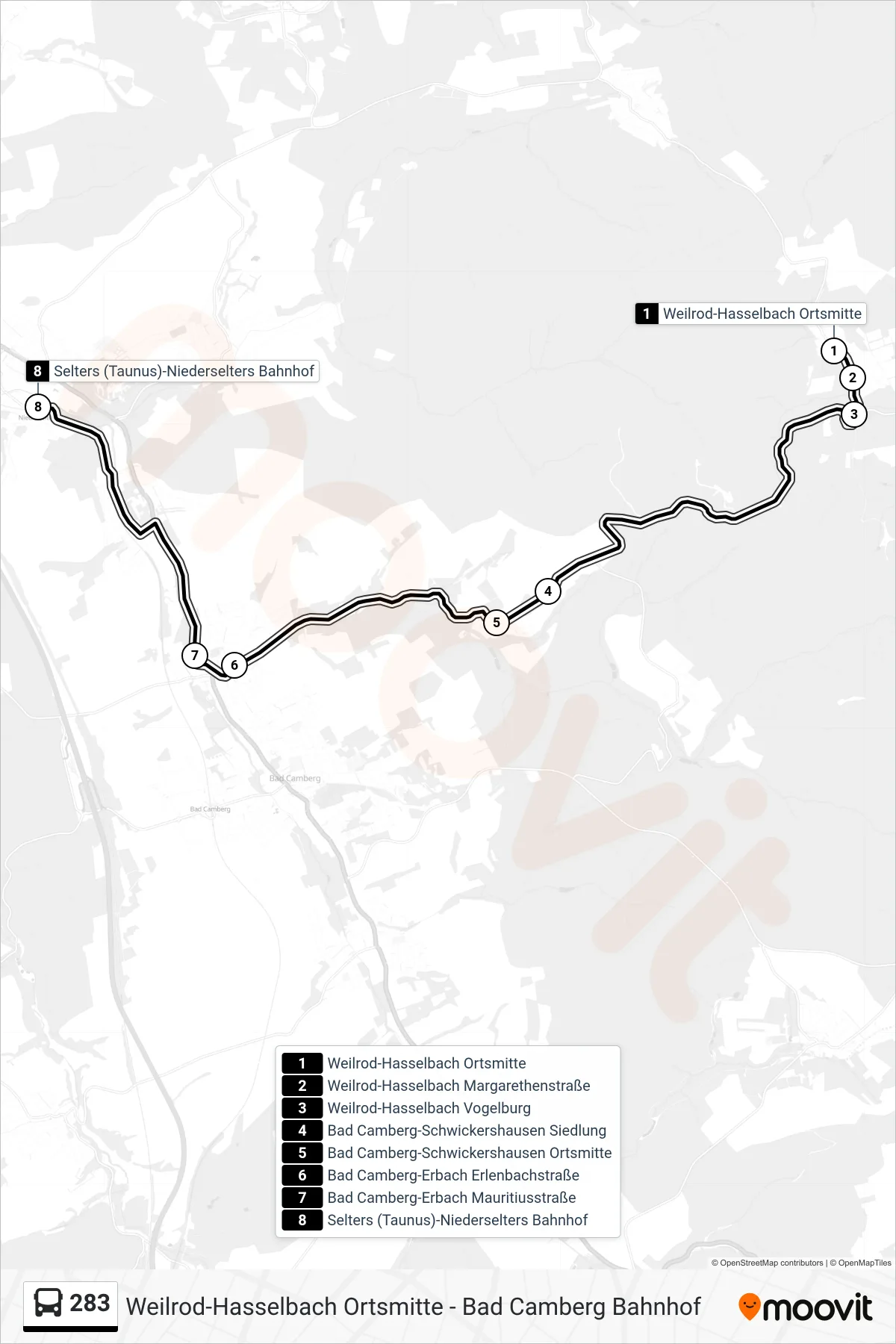 283 bus Line (Selters (Taunus)-Niederselters Bahnhof) route and stops on a map