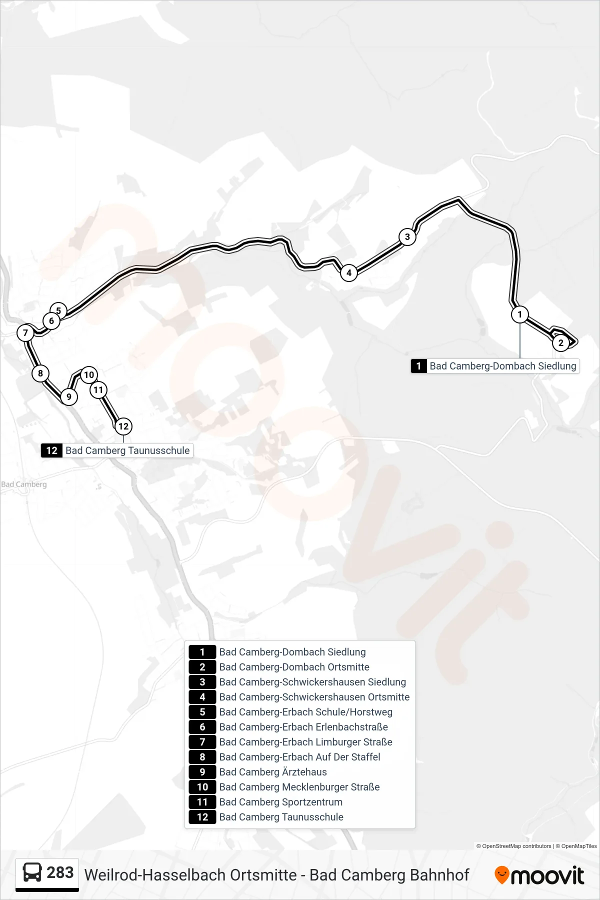283 bus Line (Bad Camberg Taunusschule) route and stops on a map