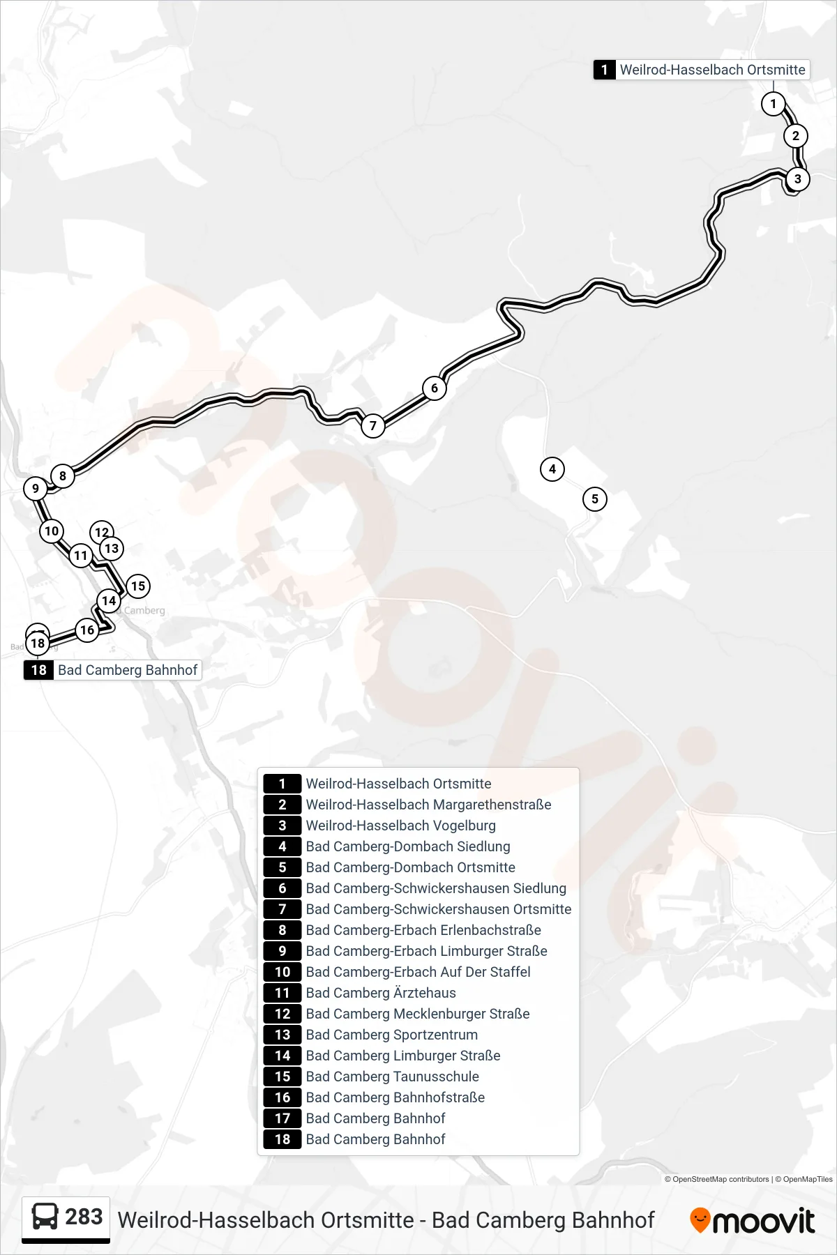 283 bus Line (Bad Camberg Bahnhof) route and stops on a map