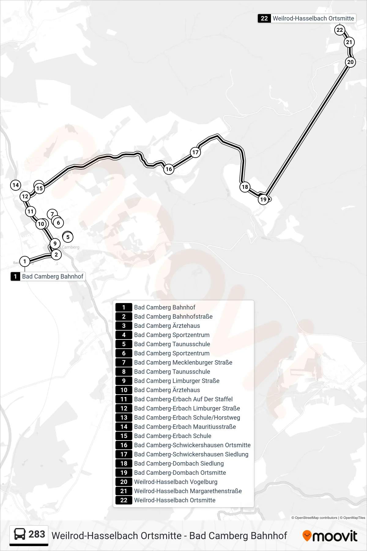 283 bus Line (Weilrod-Hasselbach Ortsmitte) route and stops on a map
