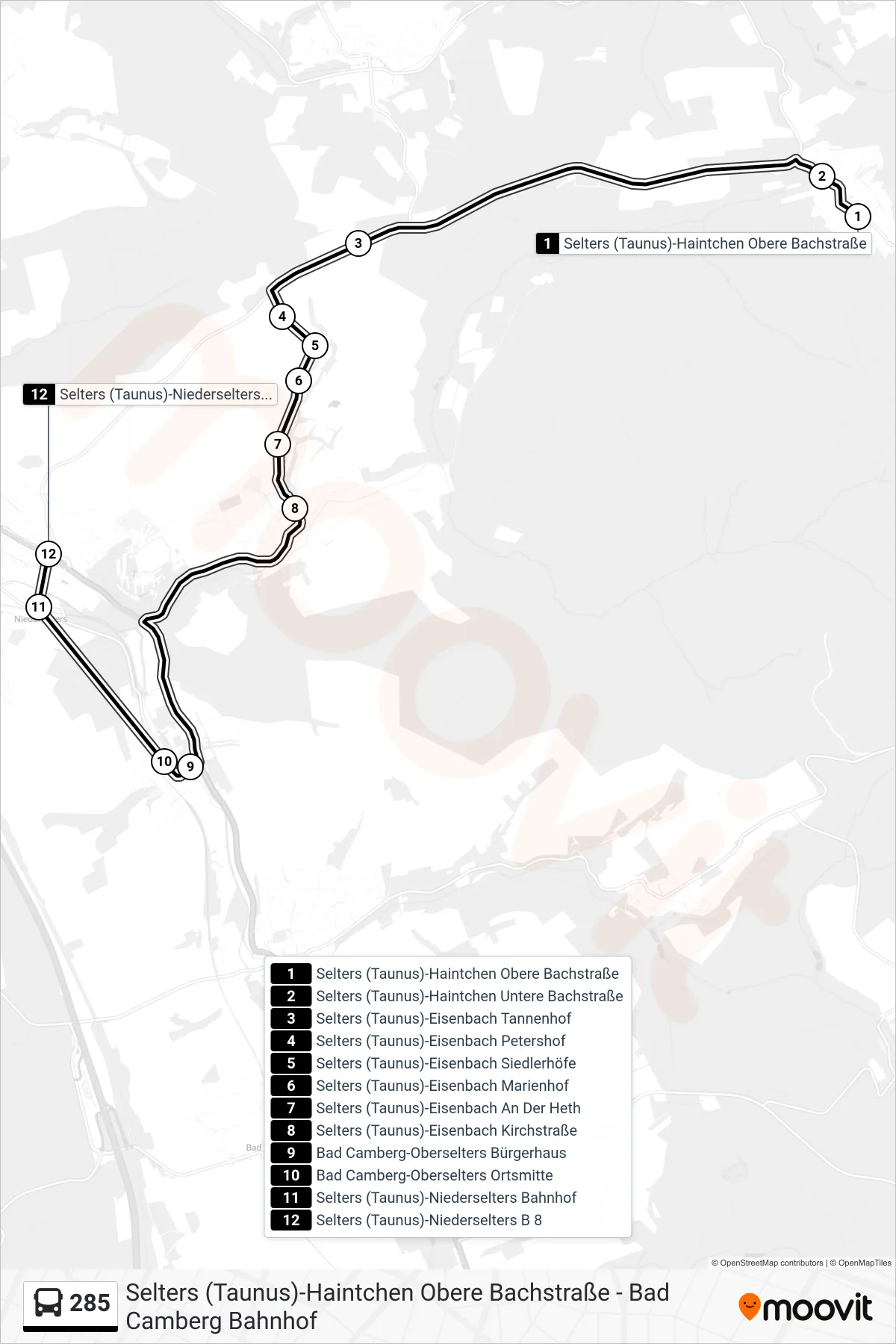 285 bus Line (Selters (Taunus)-Niederselters B 8) route and stops on a map