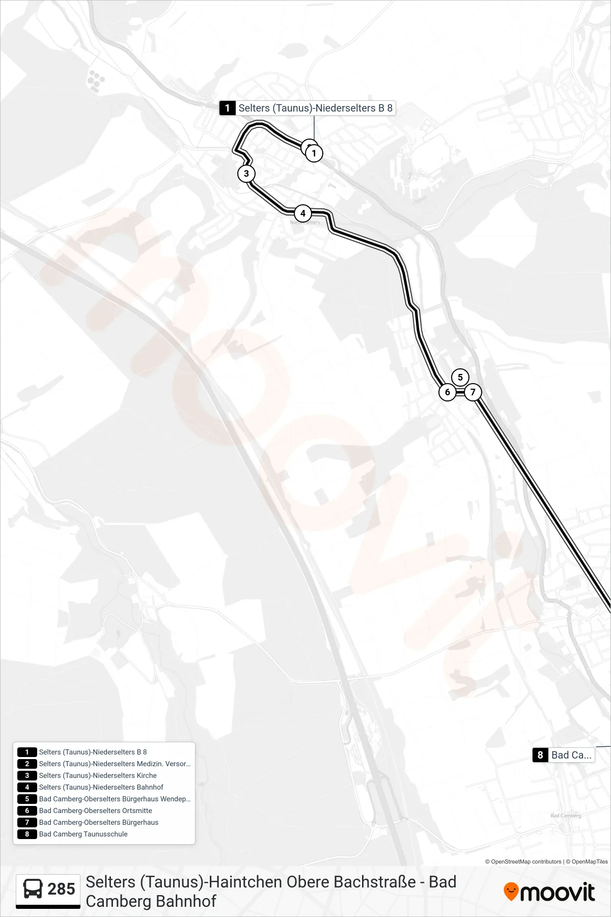 285 bus Line (Bad Camberg Taunusschule) route and stops on a map