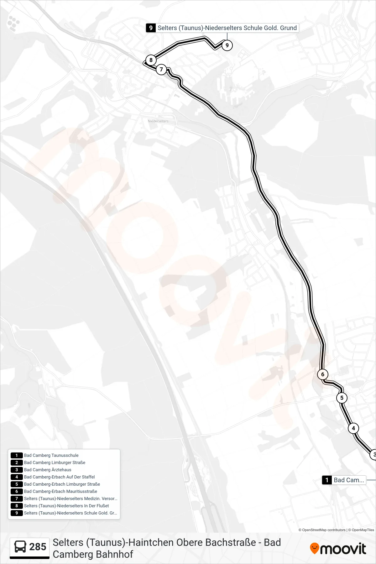 Linie 285 (Bus) Richtung Selters (Taunus)-Niederselters Schule Gold. Grund: Route und Haltestellen auf der Karte