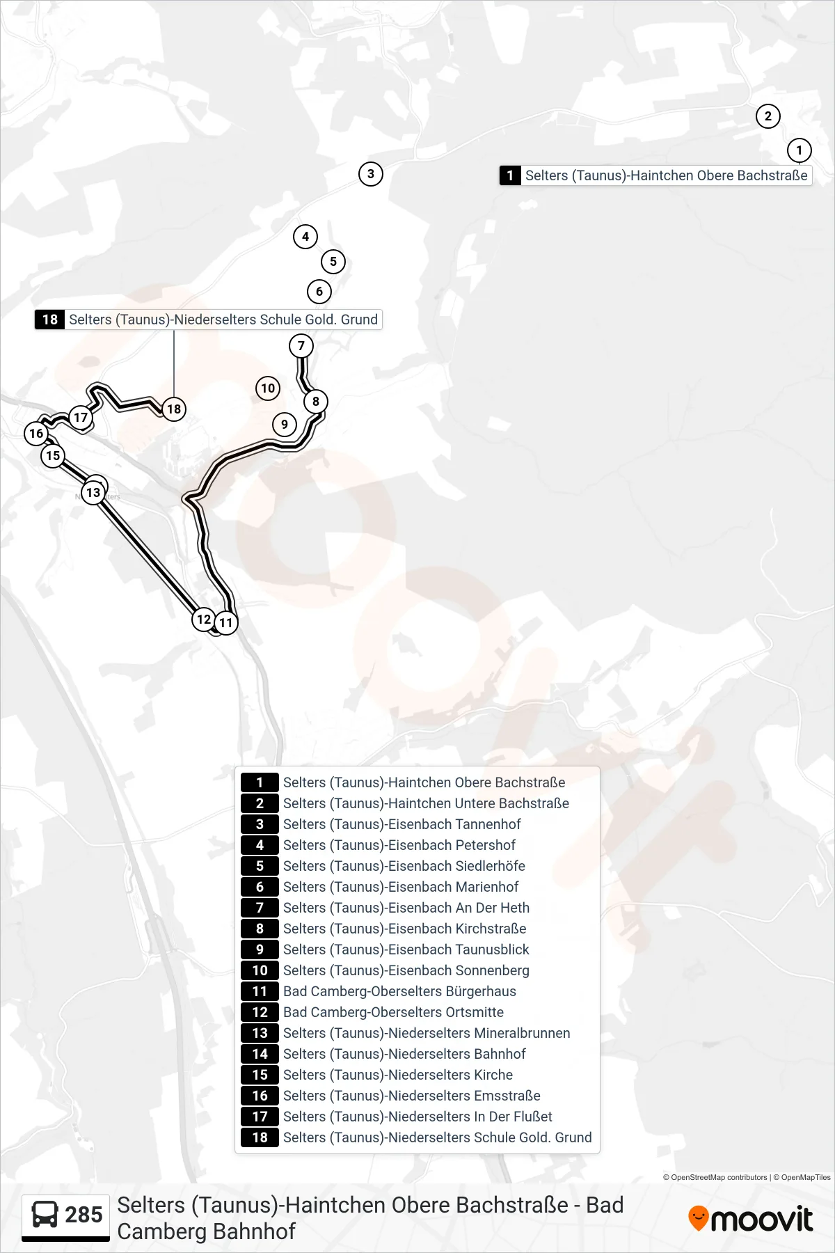 285 bus Line (Selters (Taunus)-Niederselters Schule Gold. Grund) route and stops on a map
