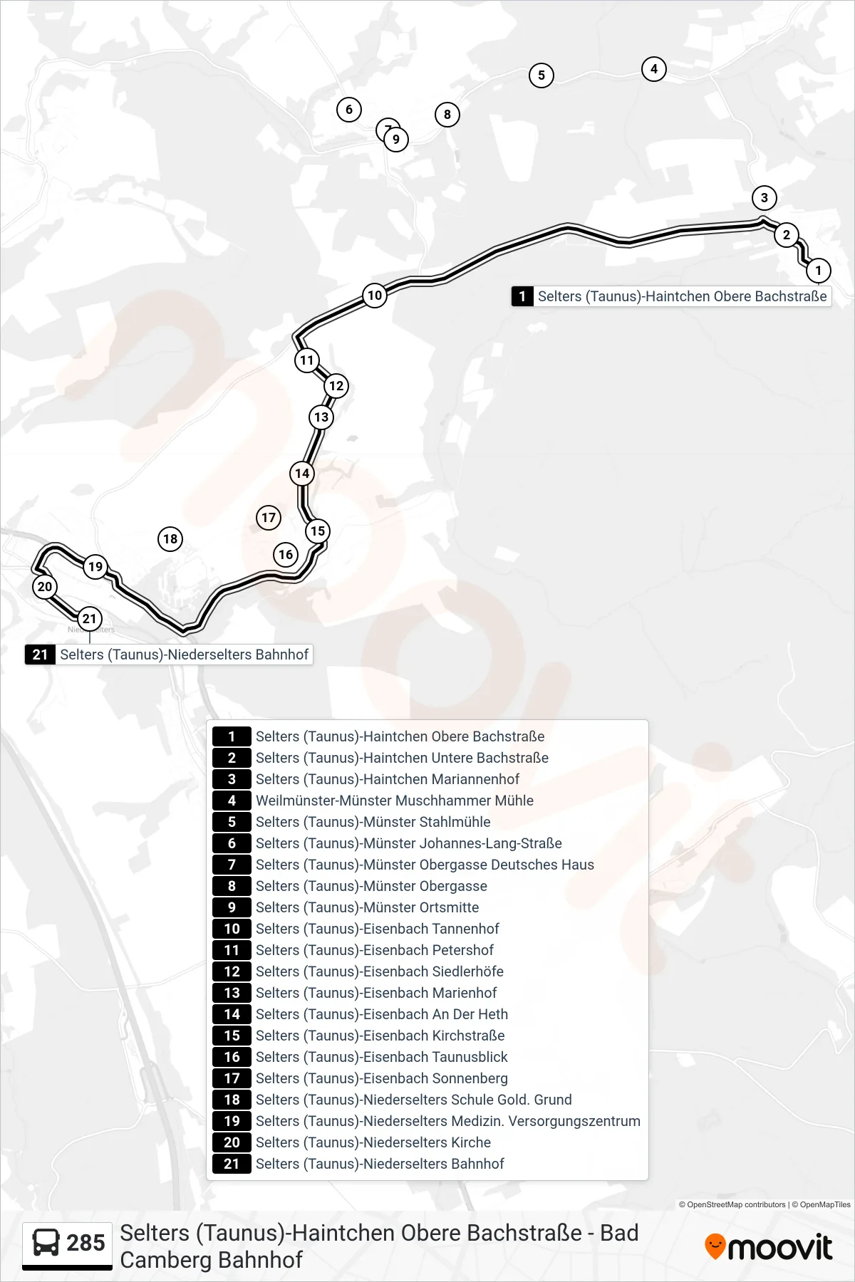 285 bus Line (Selters (Taunus)-Niederselters Bahnhof) route and stops on a map