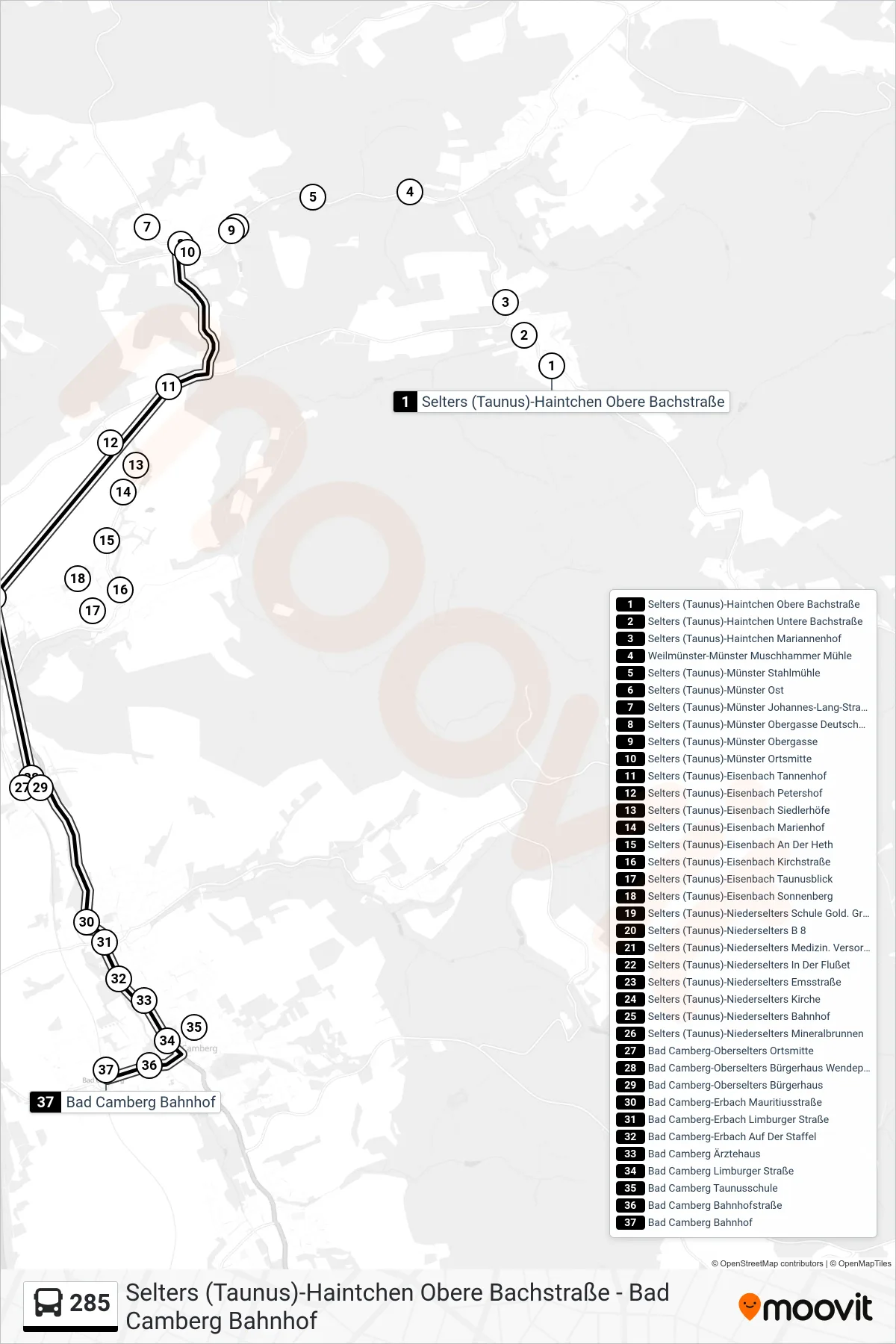 285 bus Line (Bad Camberg Bahnhof) route and stops on a map
