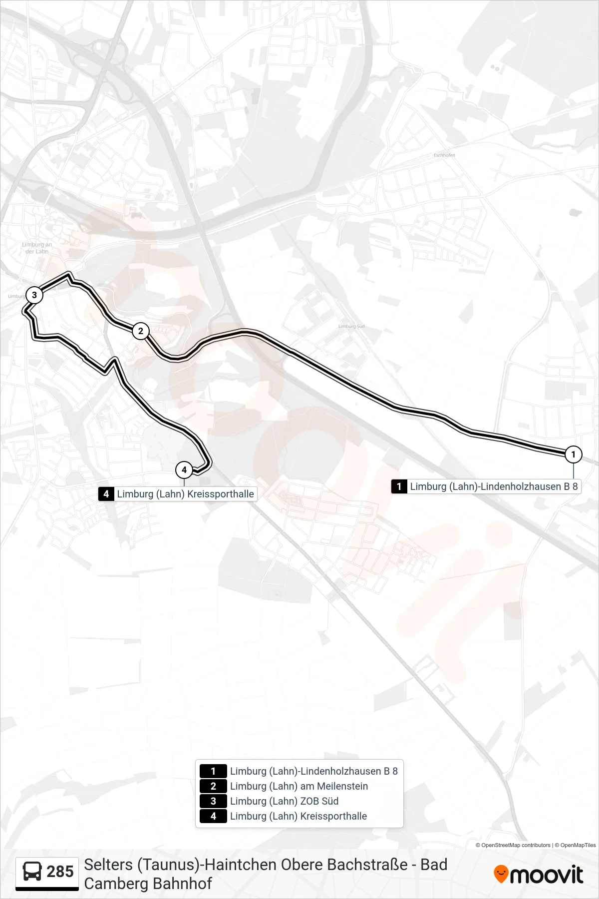 Linie 285 (Bus) Richtung Limburg (Lahn) Kreissporthalle: Route und Haltestellen auf der Karte