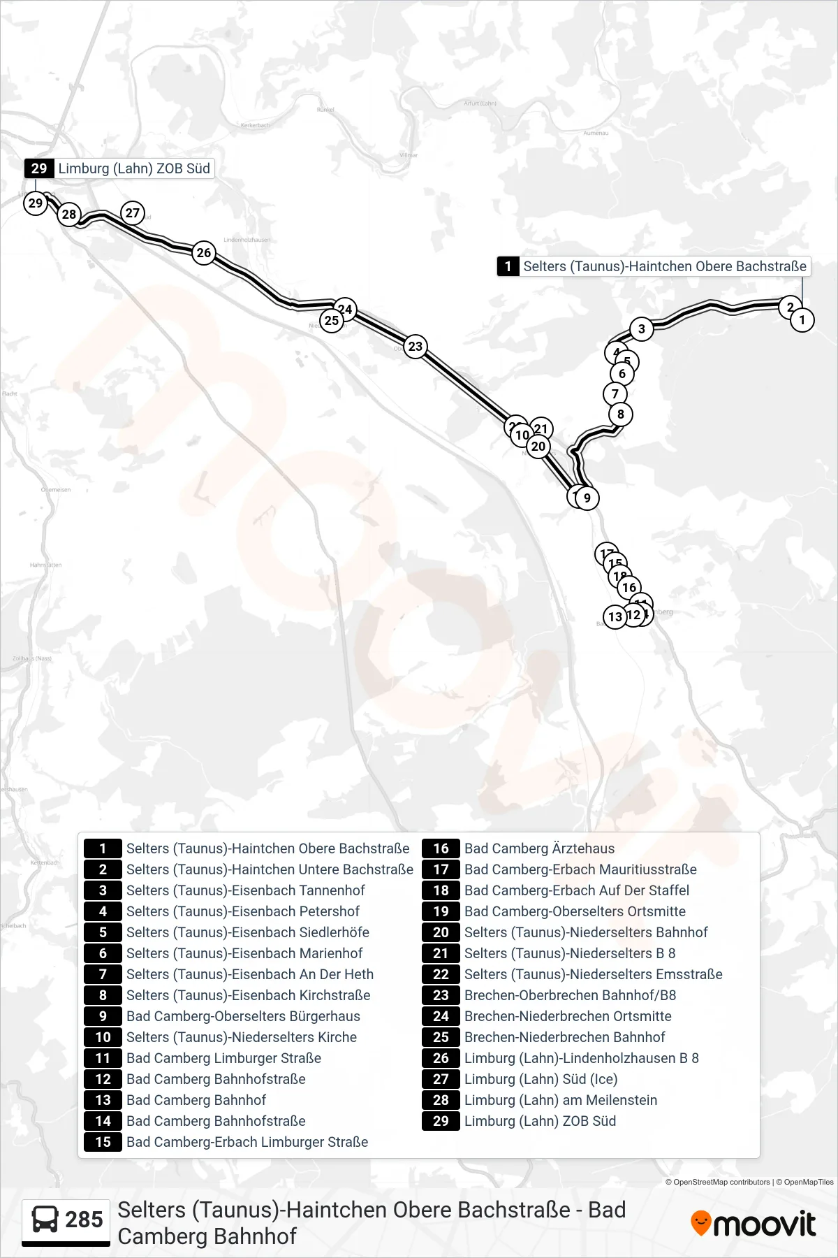 Linie 285 (Bus) Richtung Limburg (Lahn) ZOB Süd: Route und Haltestellen auf der Karte