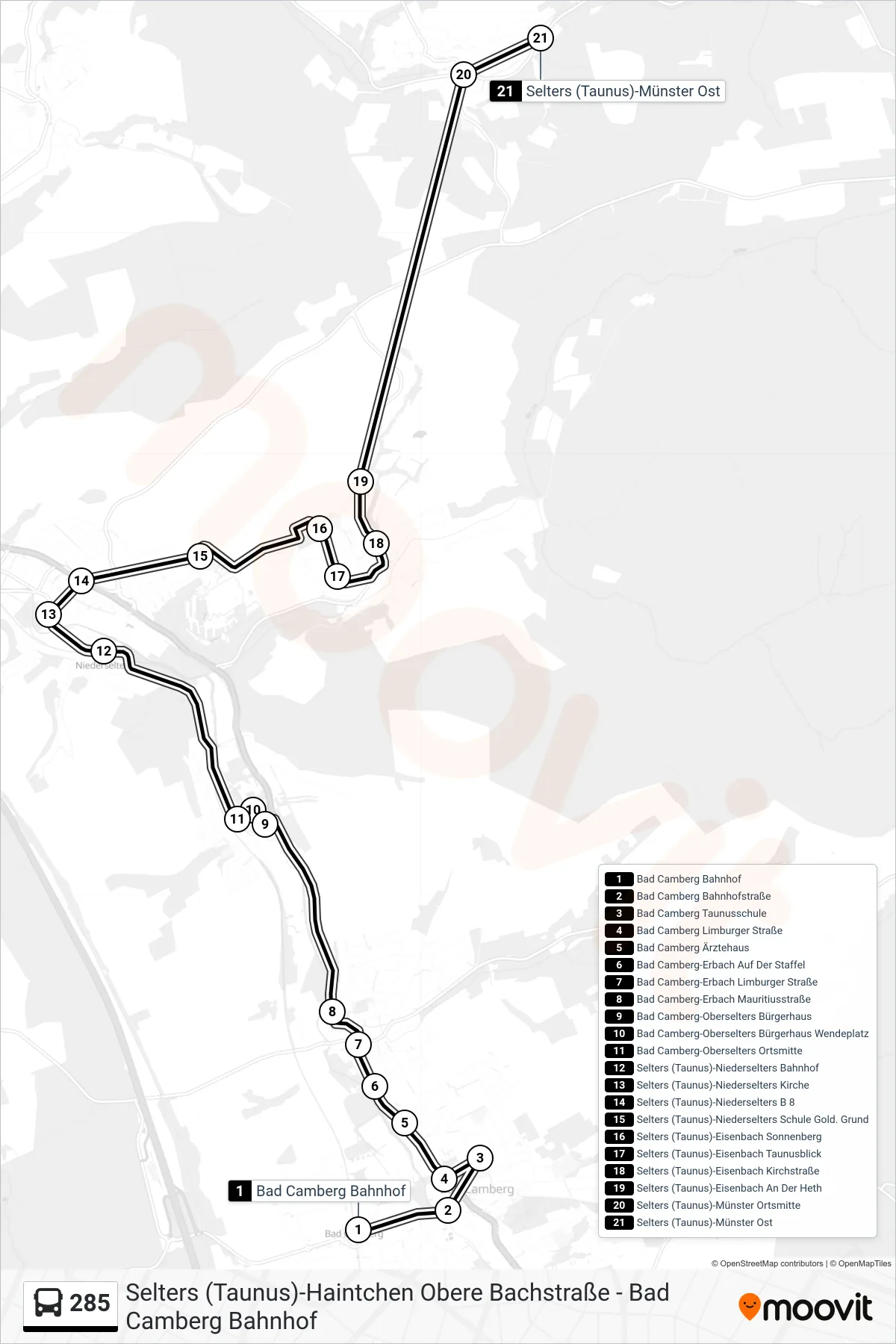 285 bus Line (Selters (Taunus)-Münster Ost) route and stops on a map