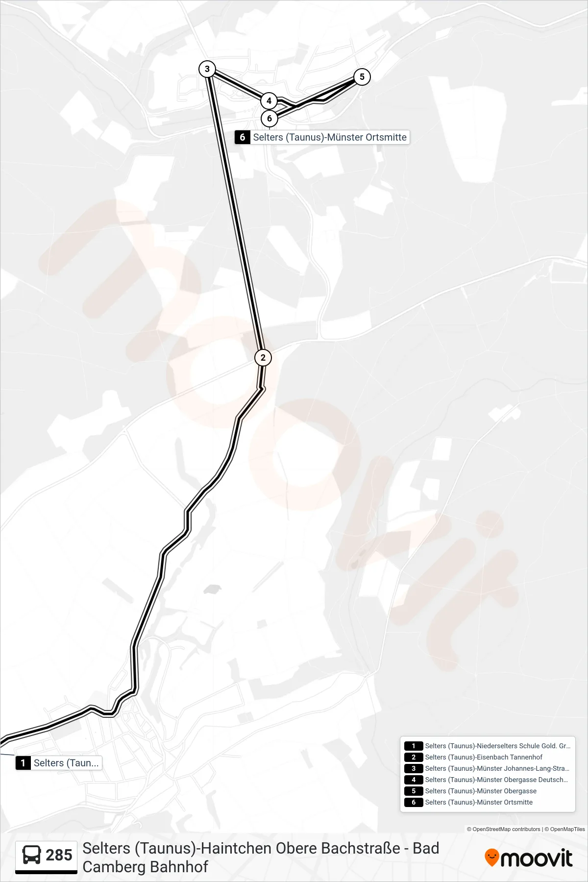 285 bus Line (Selters (Taunus)-Münster Ortsmitte) route and stops on a map