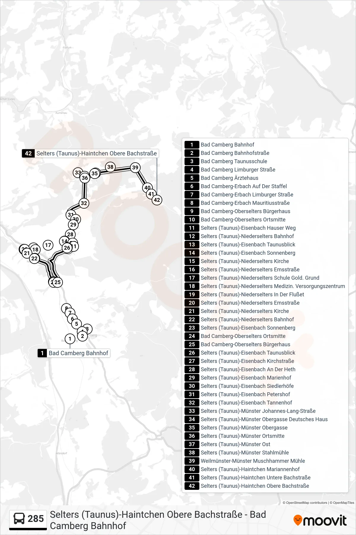 Linie 285 (Bus) Richtung Selters (Taunus)-Haintchen Obere Bachstraße: Route und Haltestellen auf der Karte