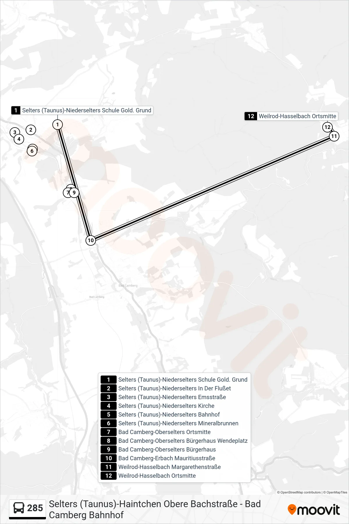 285 bus Line (Weilrod-Hasselbach Ortsmitte) route and stops on a map