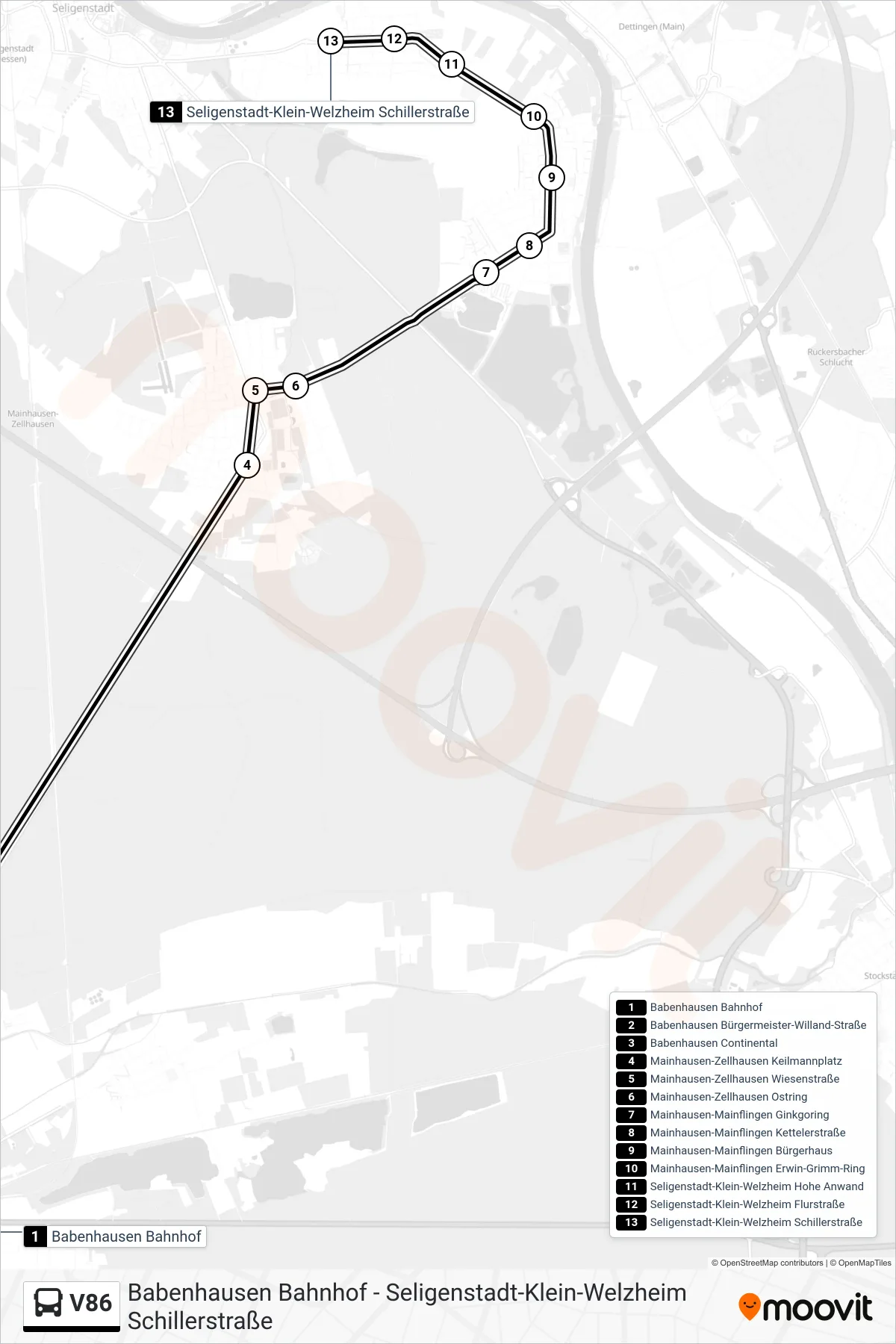 Linie V86 (Bus) Richtung Seligenstadt Klein-Welzheim Schillerstr.: Route und Haltestellen auf der Karte