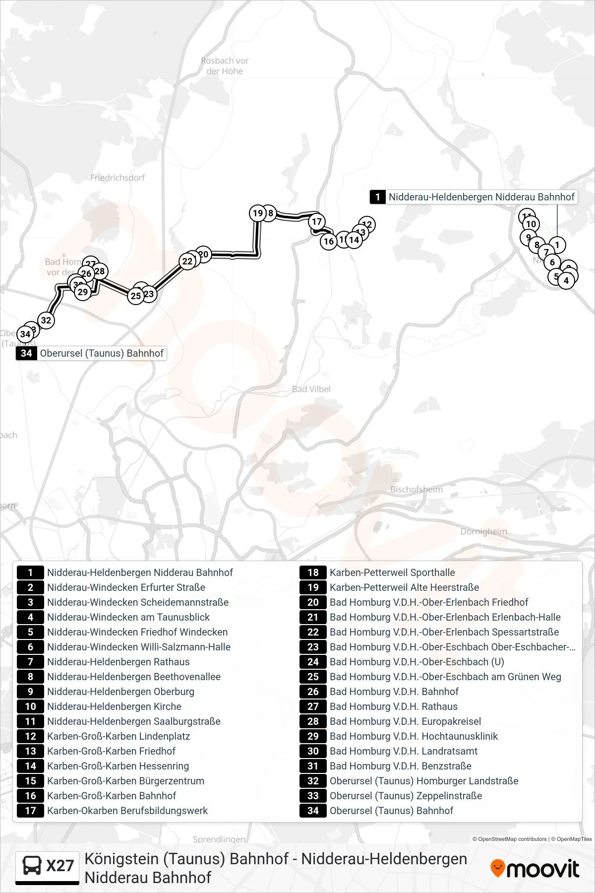X27 bus Line (Oberursel (Taunus) Bahnhof) route and stops on a map