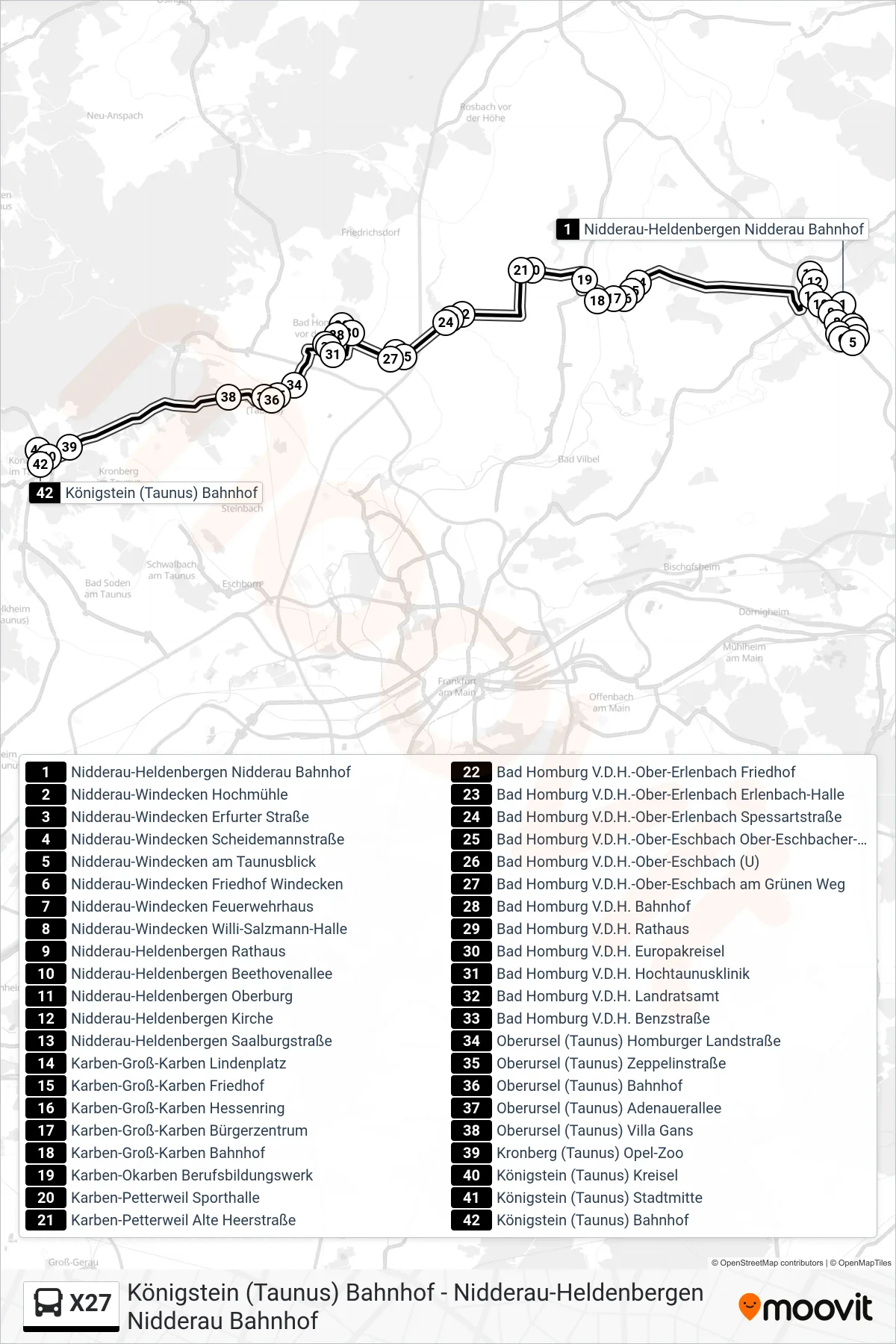 X27 bus Line (Königstein (Taunus) Bahnhof) route and stops on a map