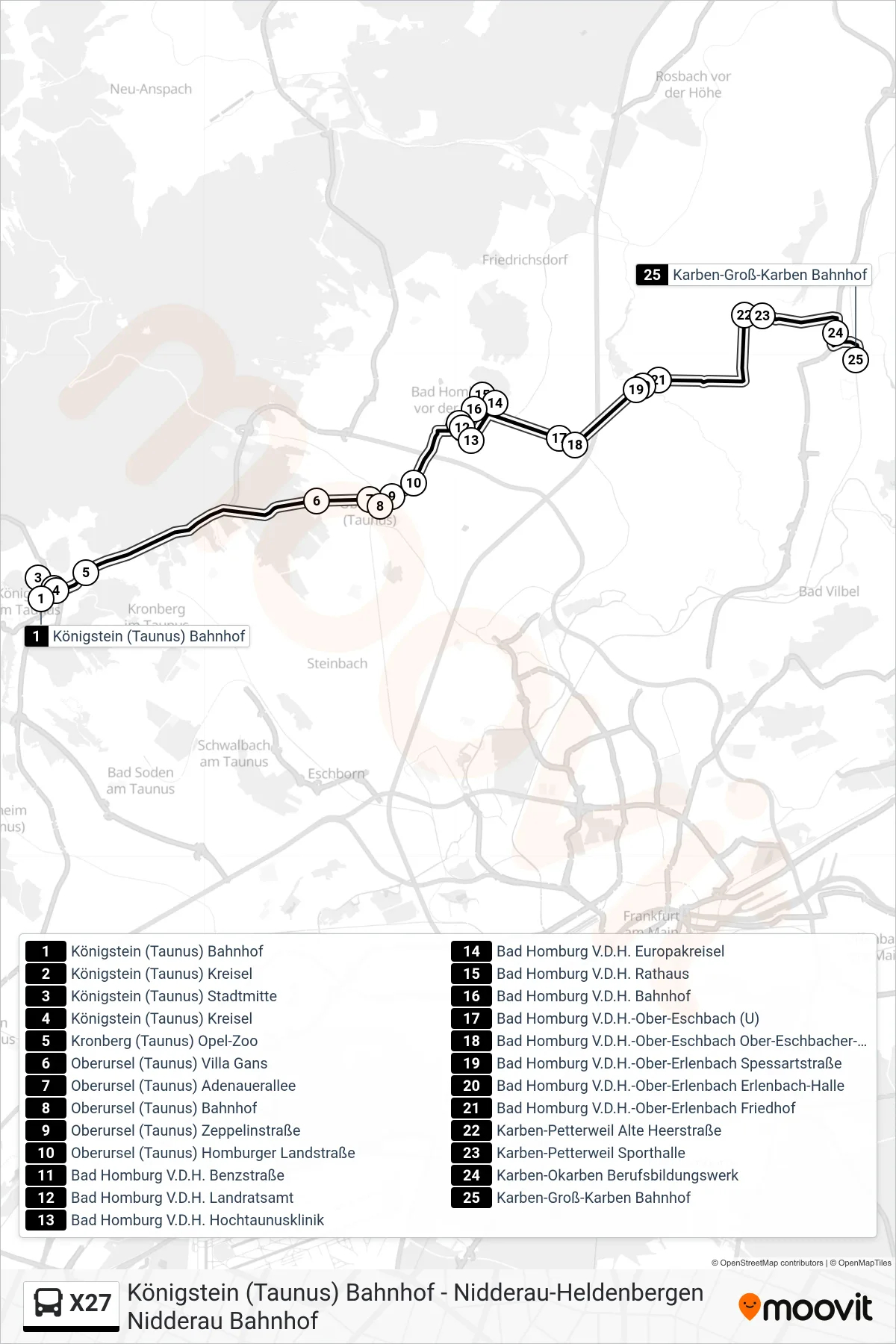 X27 bus Line (Karben-Groß-Karben Bahnhof) route and stops on a map