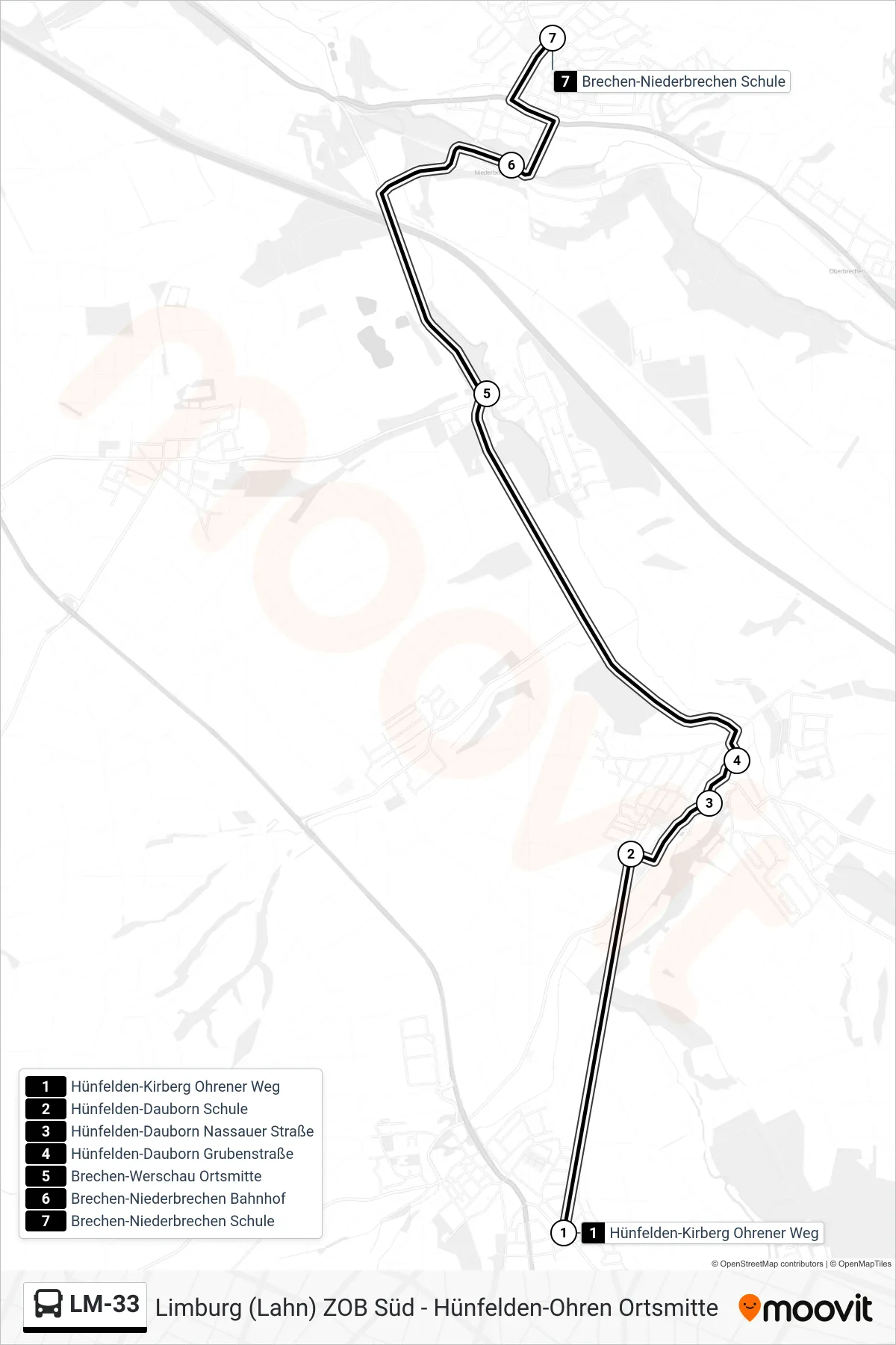 LM-33 bus Line (Brechen-Niederbrechen Schule) route and stops on a map