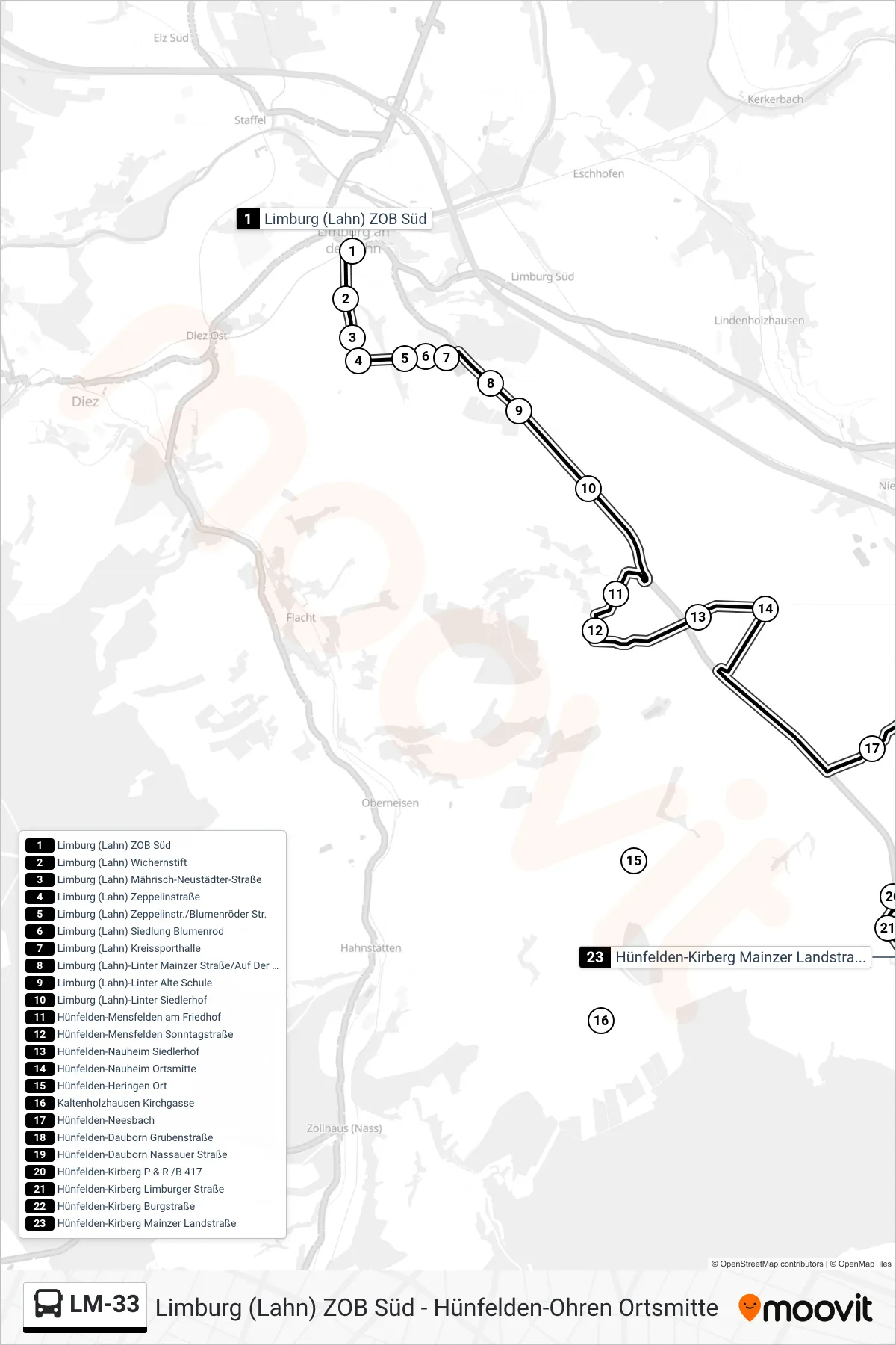 LM-33 bus Line (Hünfelden-Kirberg Mainzer Landstraße) route and stops on a map