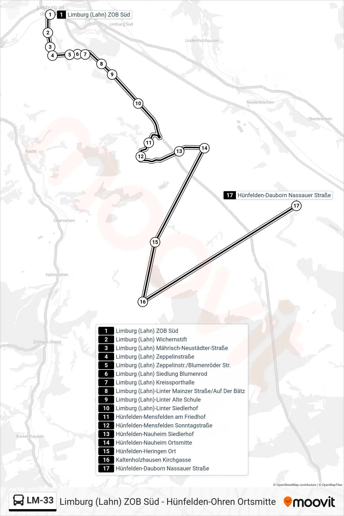 Linie LM-33 (Bus) Richtung Hünfelden-Dauborn Nassauer Straße: Route und Haltestellen auf der Karte