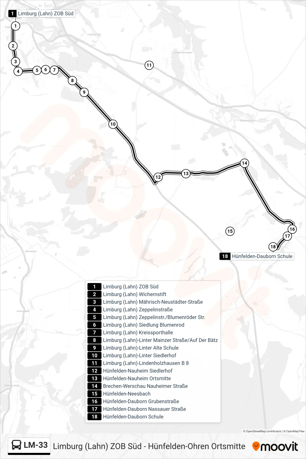 LM-33 bus Line (Hünfelden-Dauborn Schule) route and stops on a map