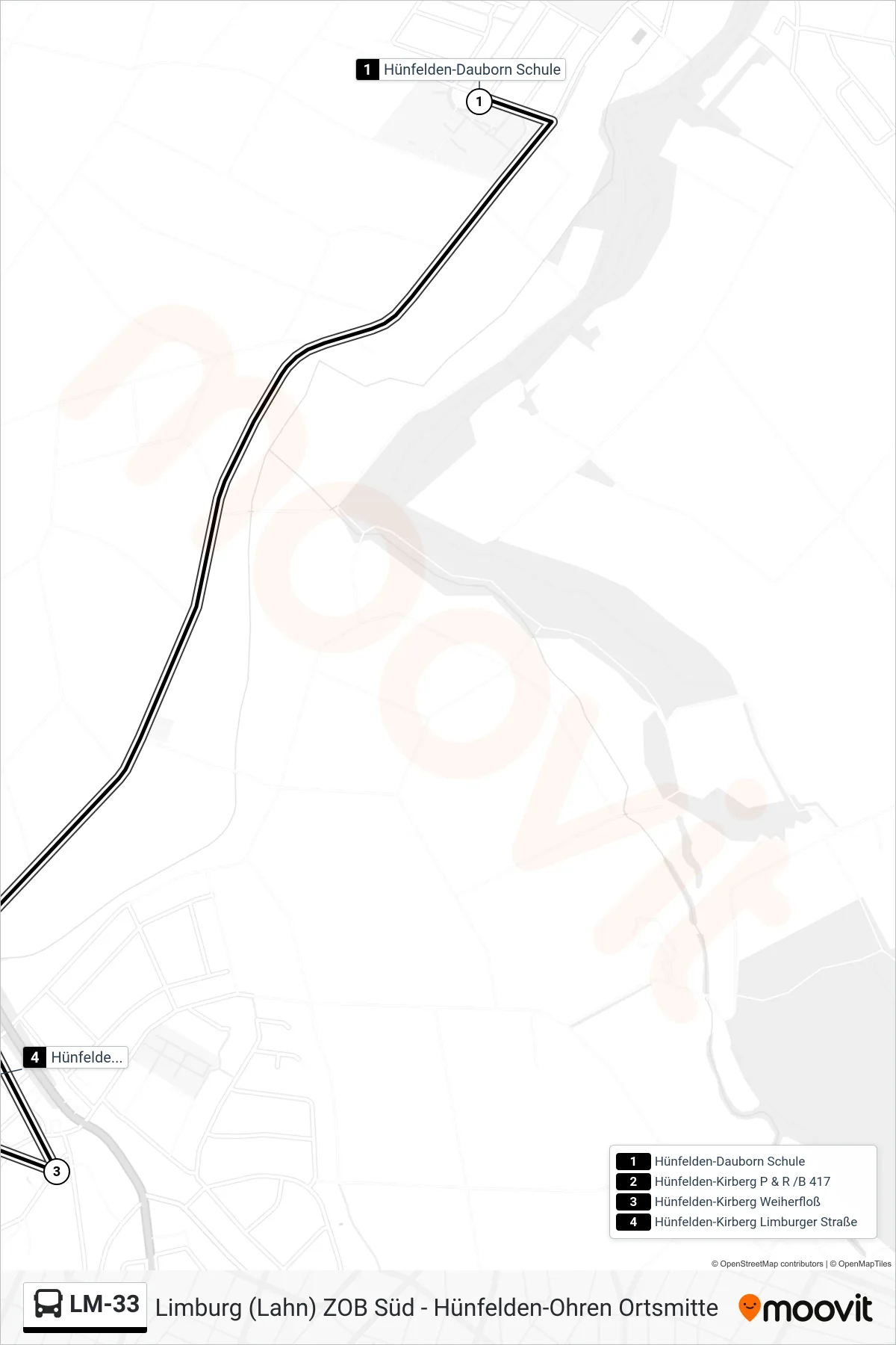 LM-33 bus Line (Hünfelden-Kirberg Limburger Straße) route and stops on a map