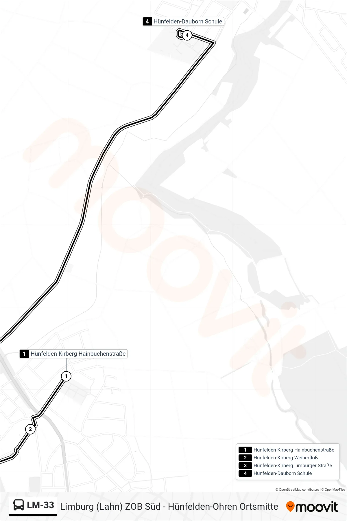 LM-33 bus Line (Hünfelden-Dauborn Schule) route and stops on a map