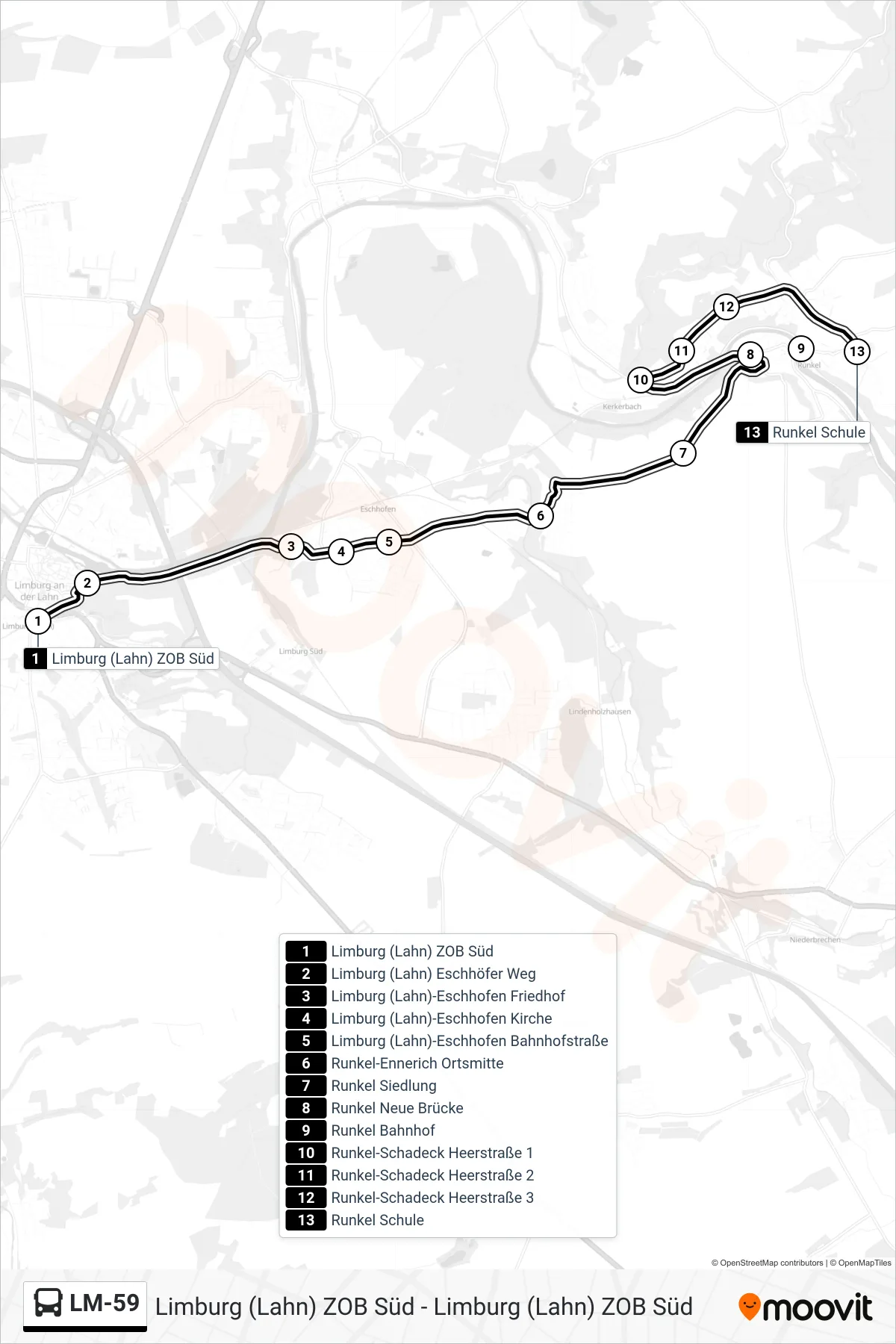 LM-59 bus Line (Runkel Schule) route and stops on a map