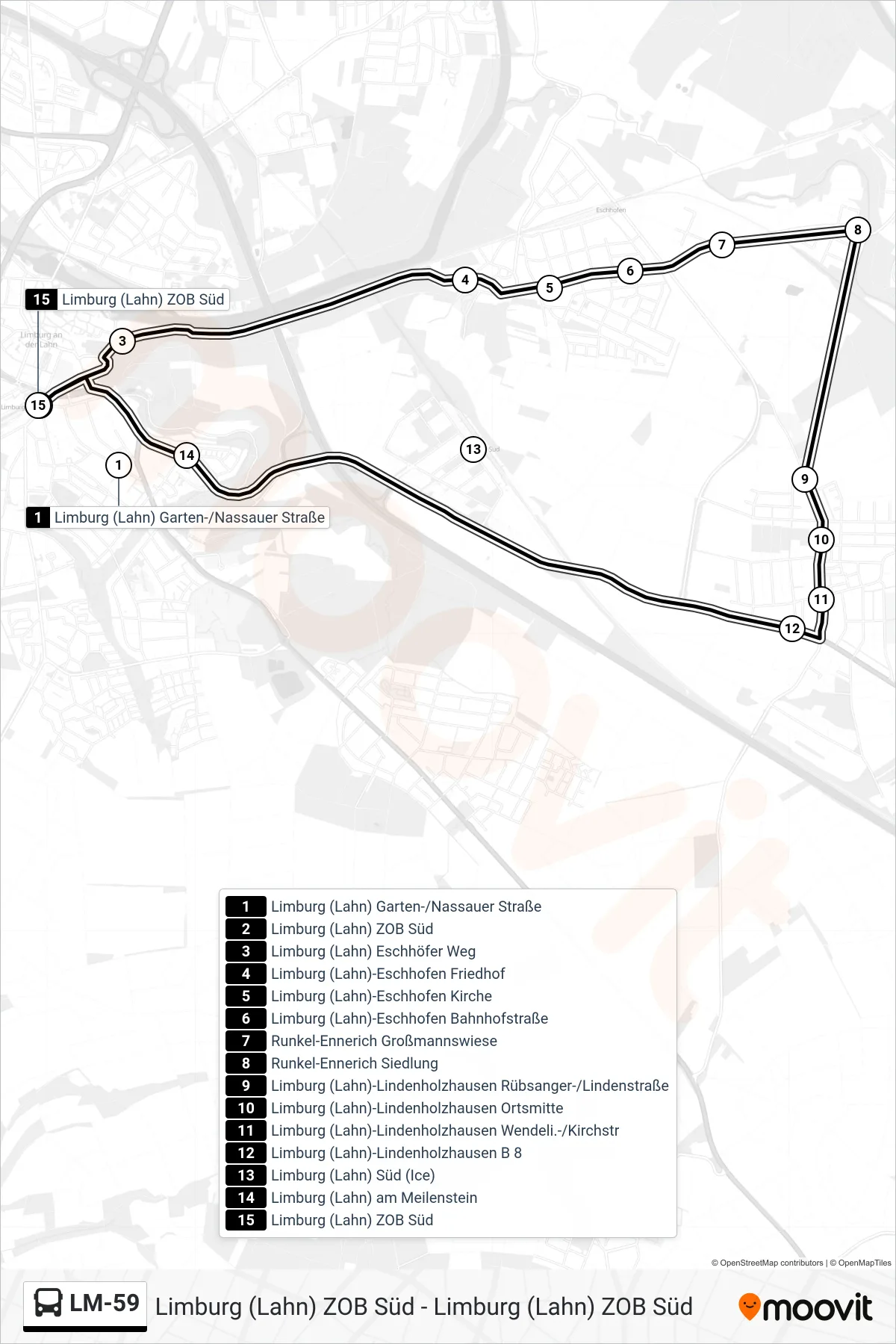 Linie LM-59 (Bus) Richtung Limburg (Lahn) ZOB Süd: Route und Haltestellen auf der Karte
