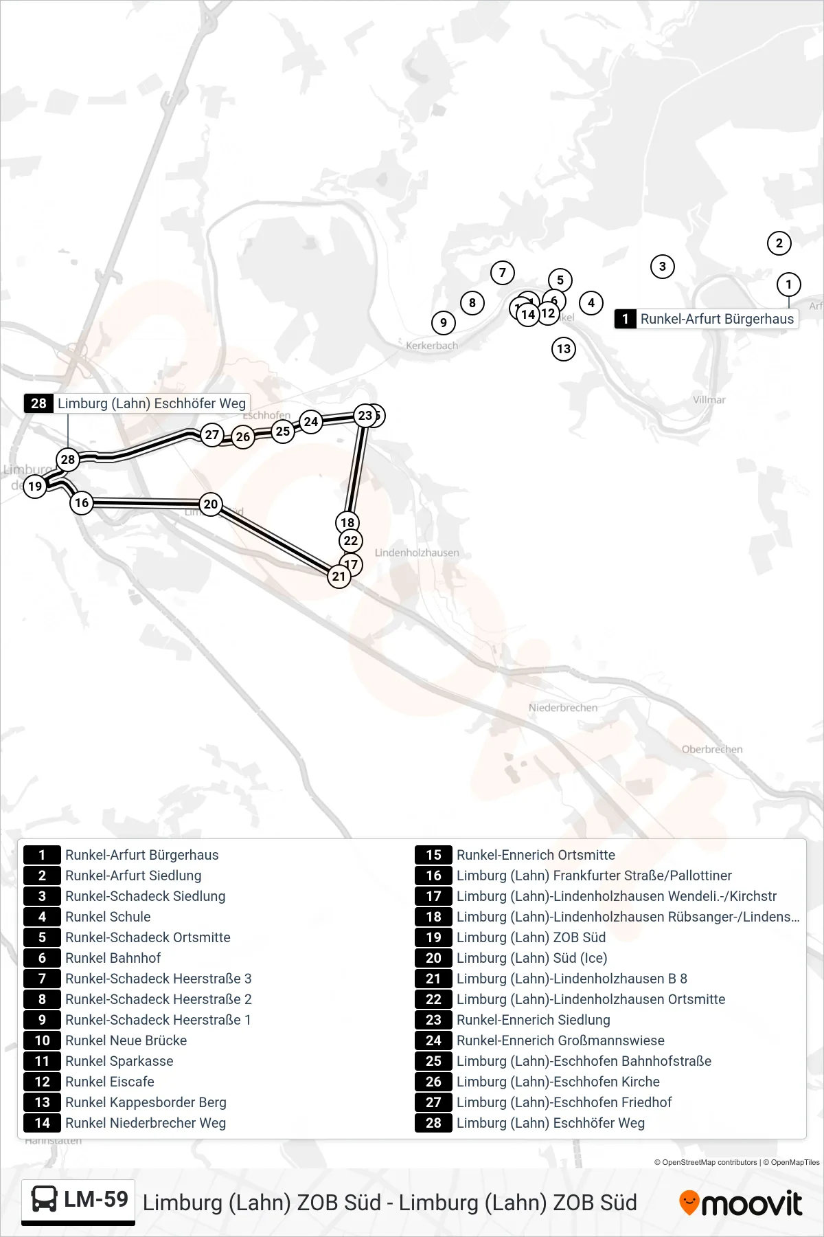 LM-59 bus Line (Limburg (Lahn) ZOB Süd) route and stops on a map