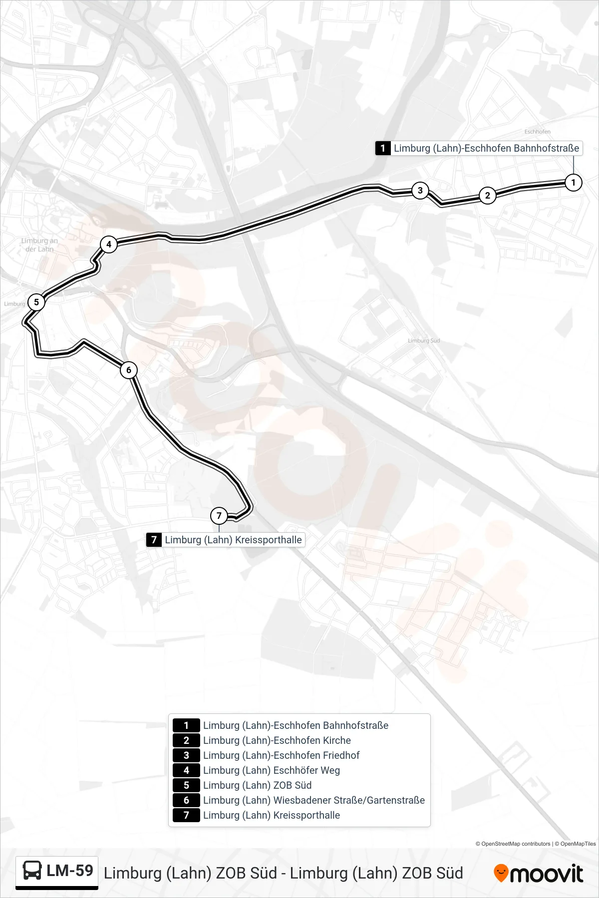 LM-59 bus Line (Limburg (Lahn) Kreissporthalle) route and stops on a map