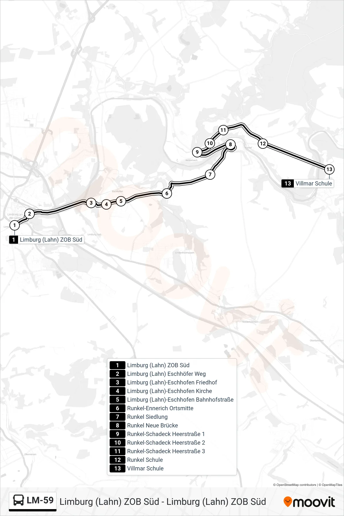 LM-59 bus Line (Villmar Schule) route and stops on a map