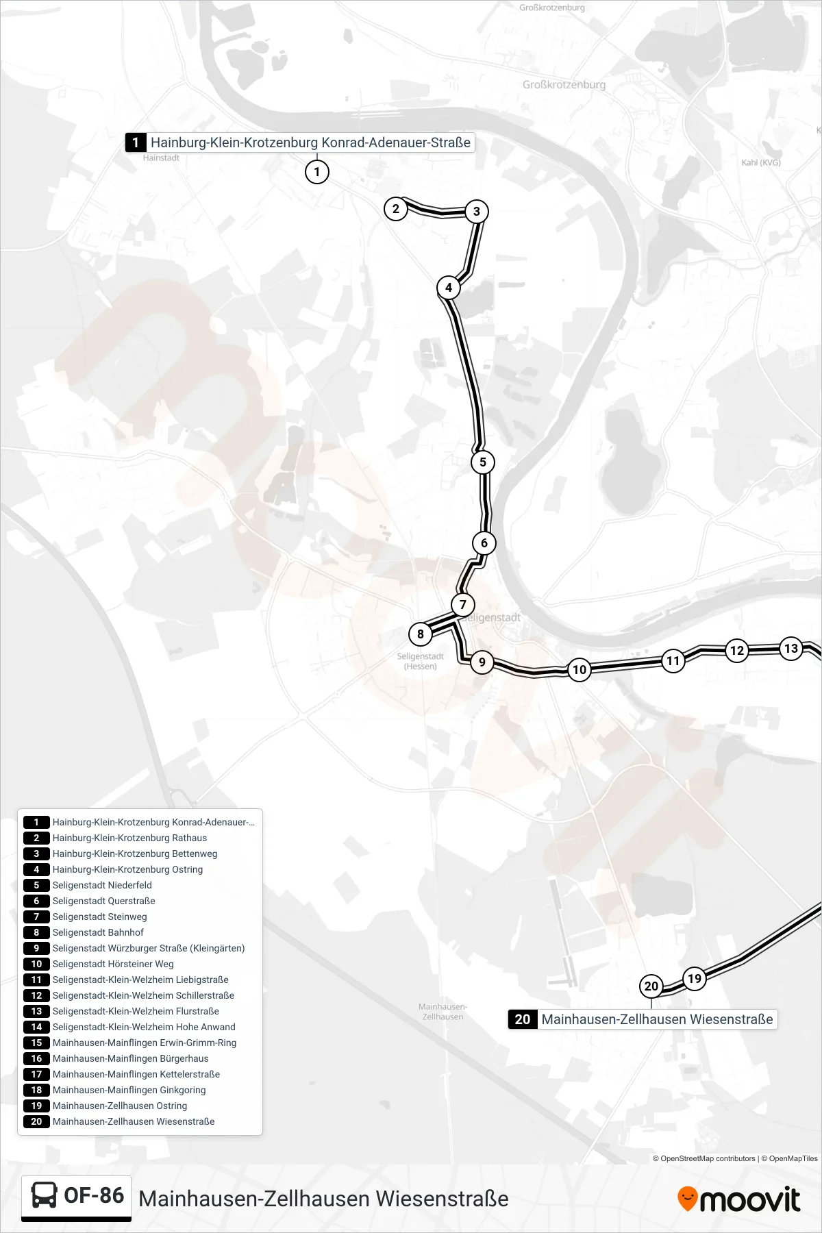 Linie OF-86 (Bus) Richtung Mainhausen-Zellhausen Wiesenstraße: Route und Haltestellen auf der Karte