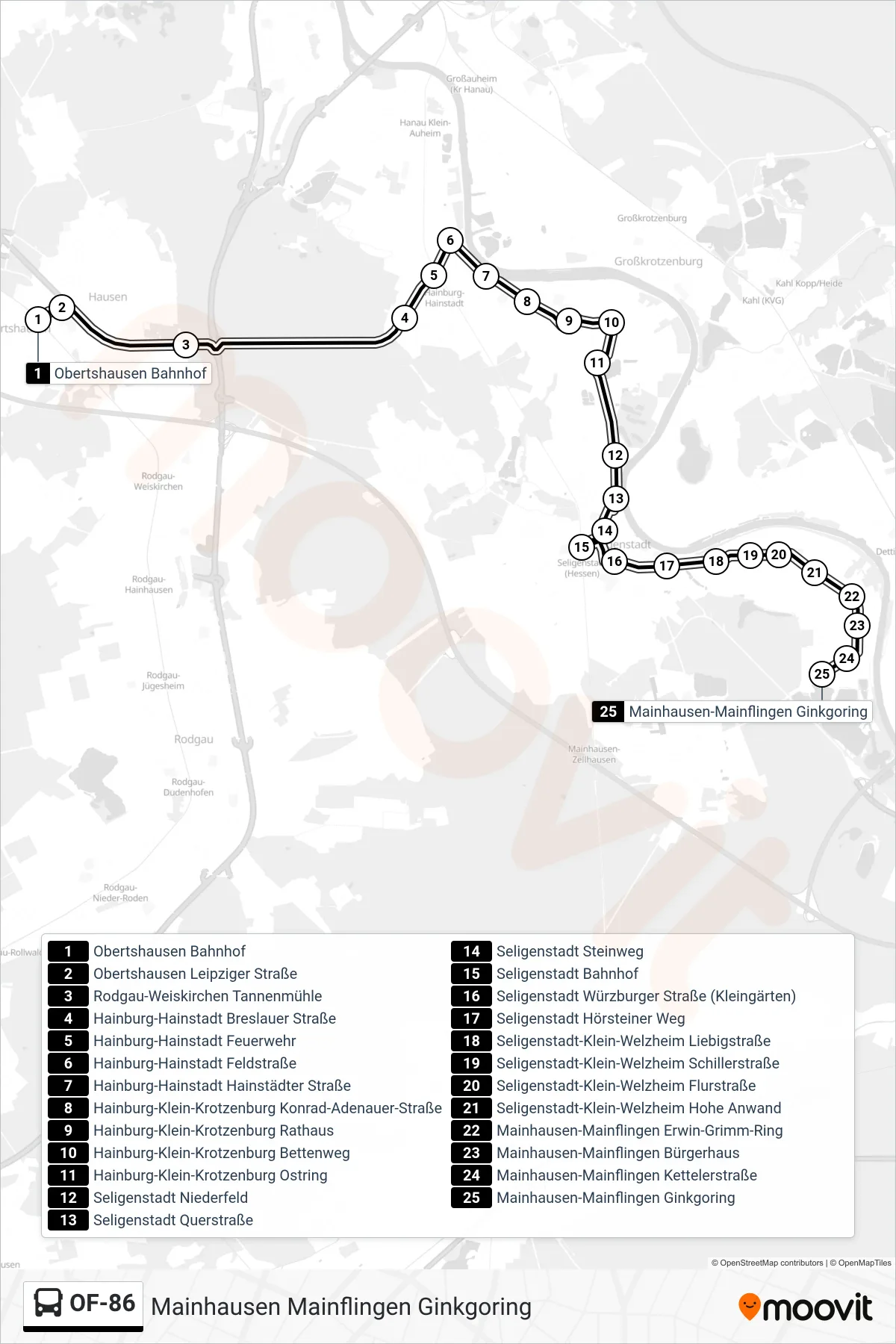 OF-86 bus Line (Mainhausen Mainflingen Ginkgoring) route and stops on a map