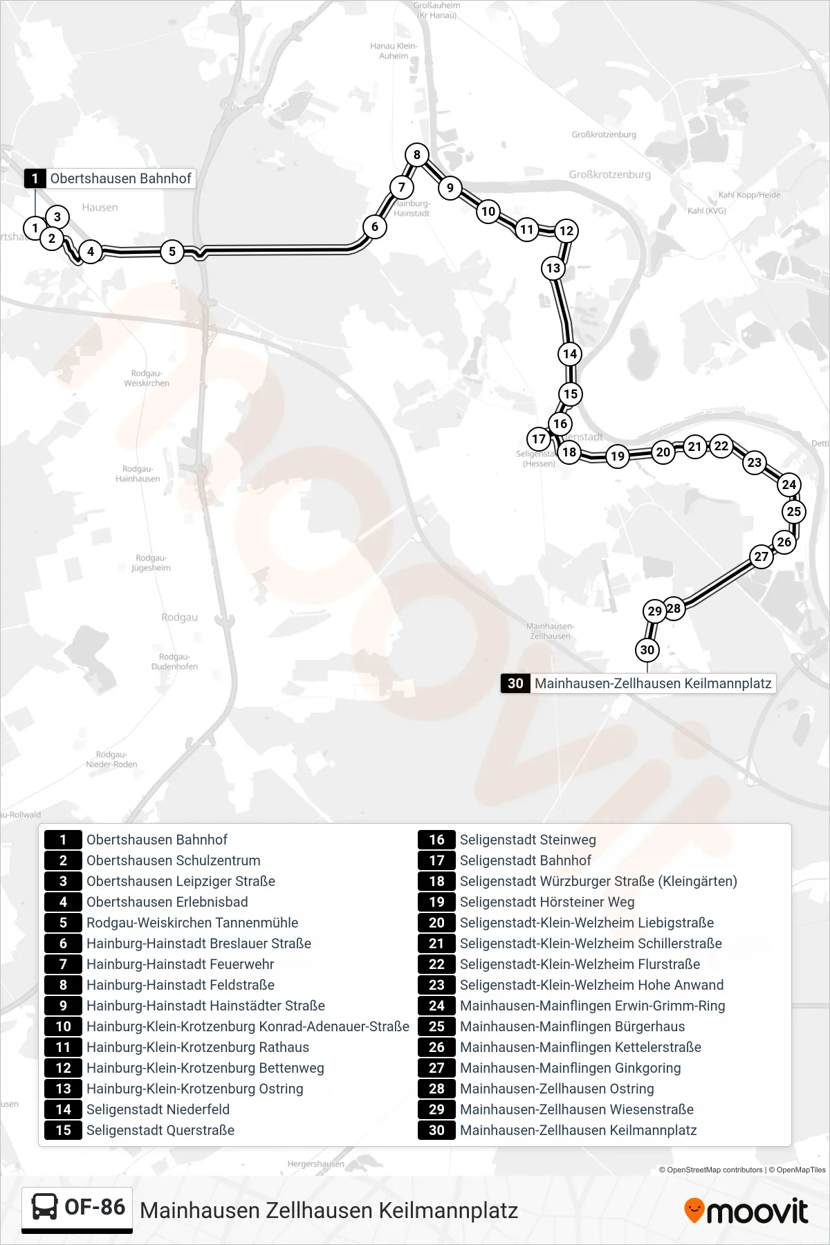 OF-86 bus Line (Mainhausen Zellhausen Keilmannplatz) route and stops on a map