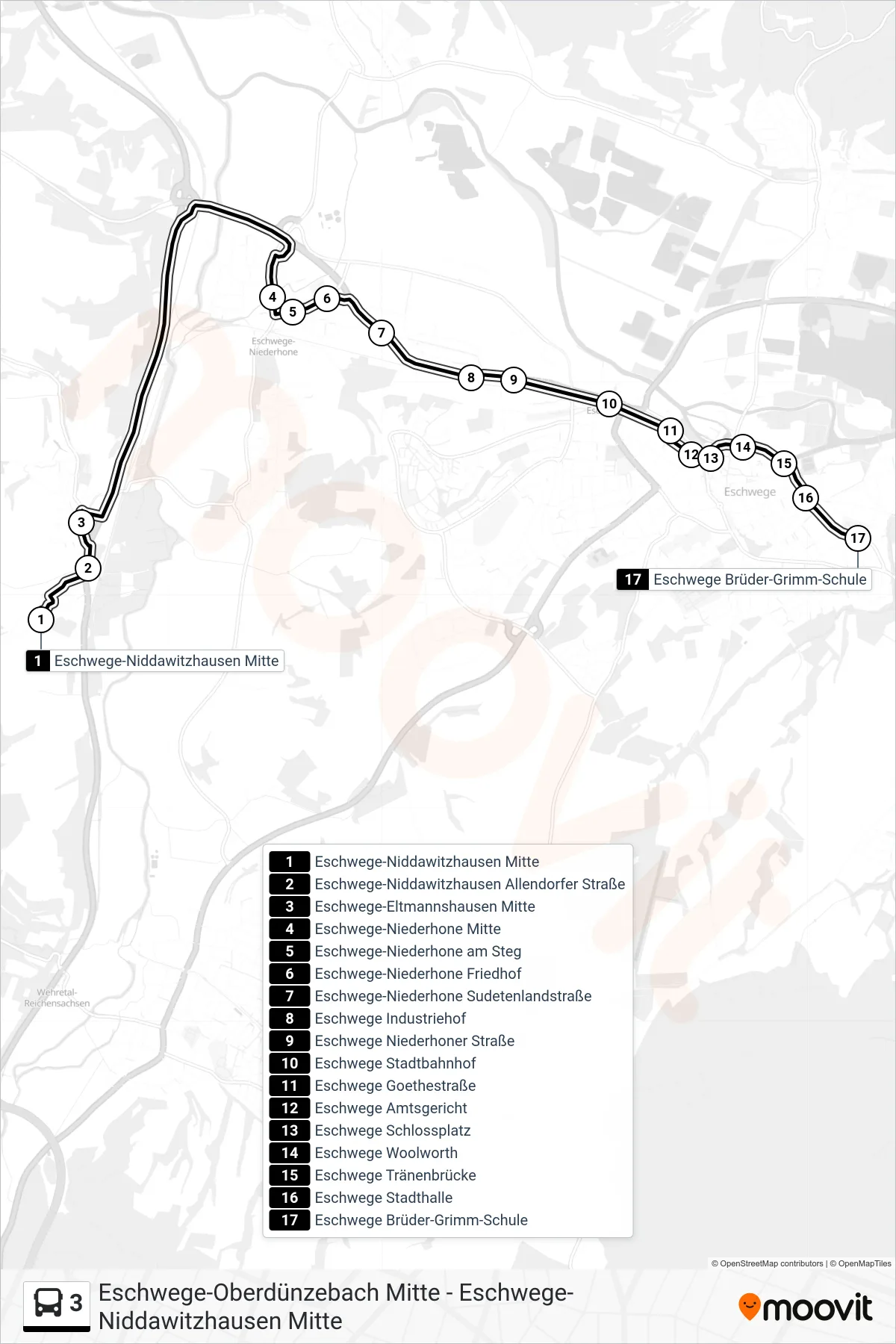 3 bus Line (Brüder-Grimm-Schule) route and stops on a map