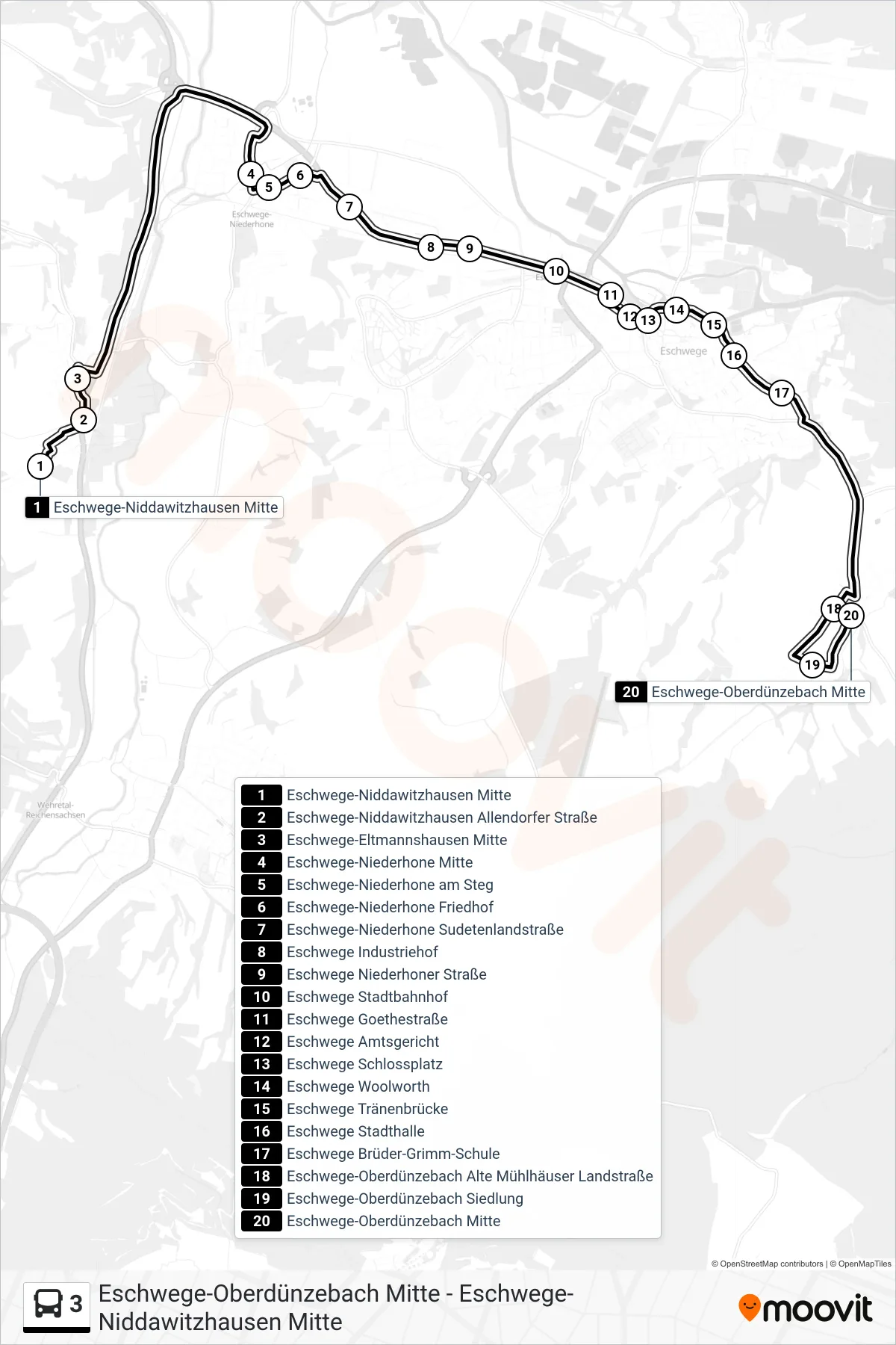 Linie 3 (Bus) Richtung Oberdünzebach: Route und Haltestellen auf der Karte