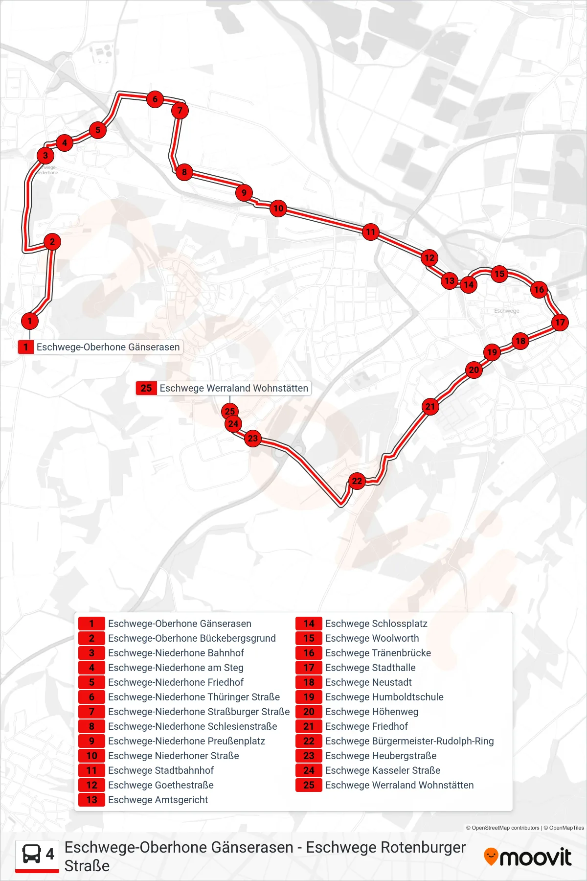 4 bus Line (Werraland Wohnstätten) route and stops on a map