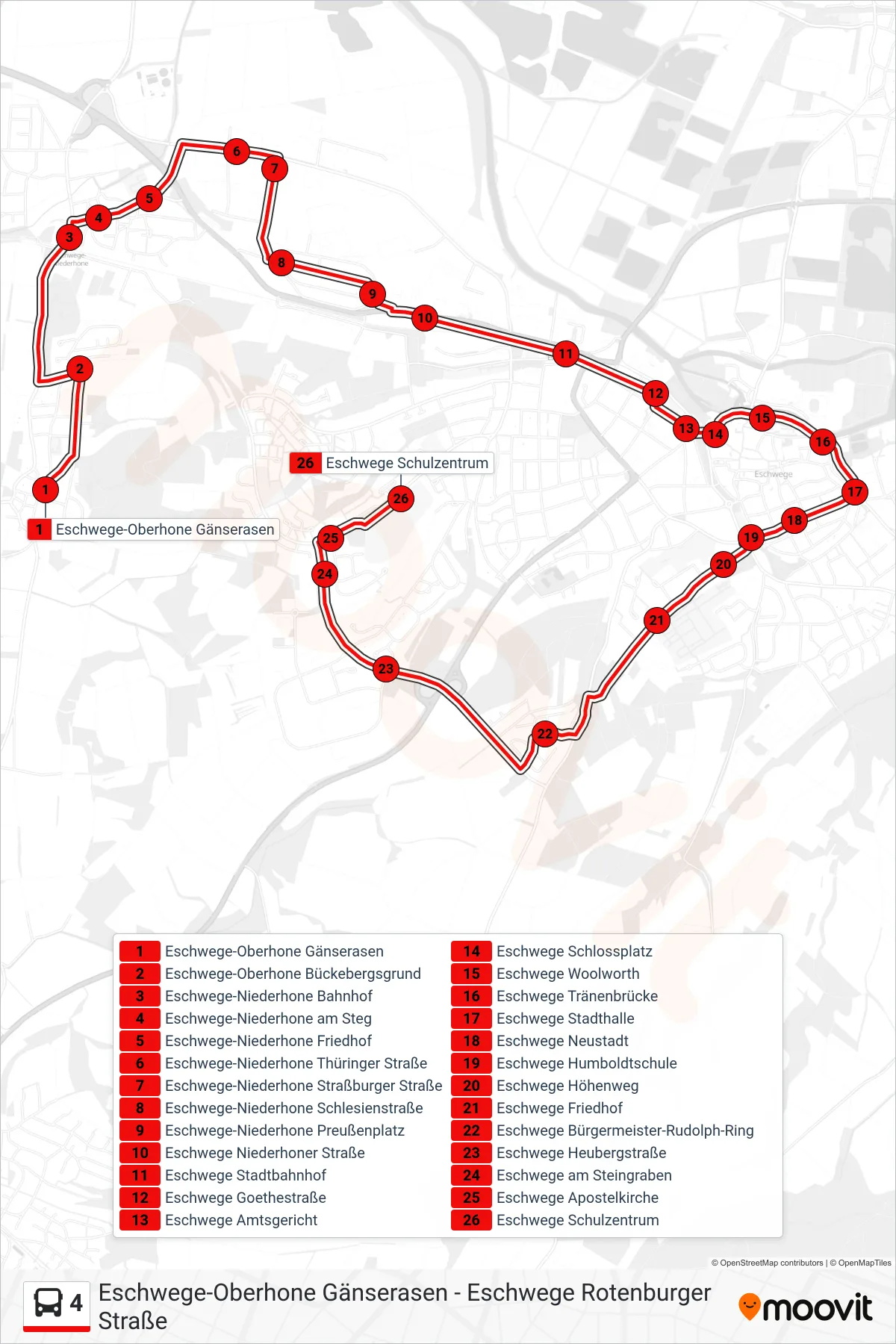 Linie 4 (Bus) Richtung Schulzentrum: Route und Haltestellen auf der Karte