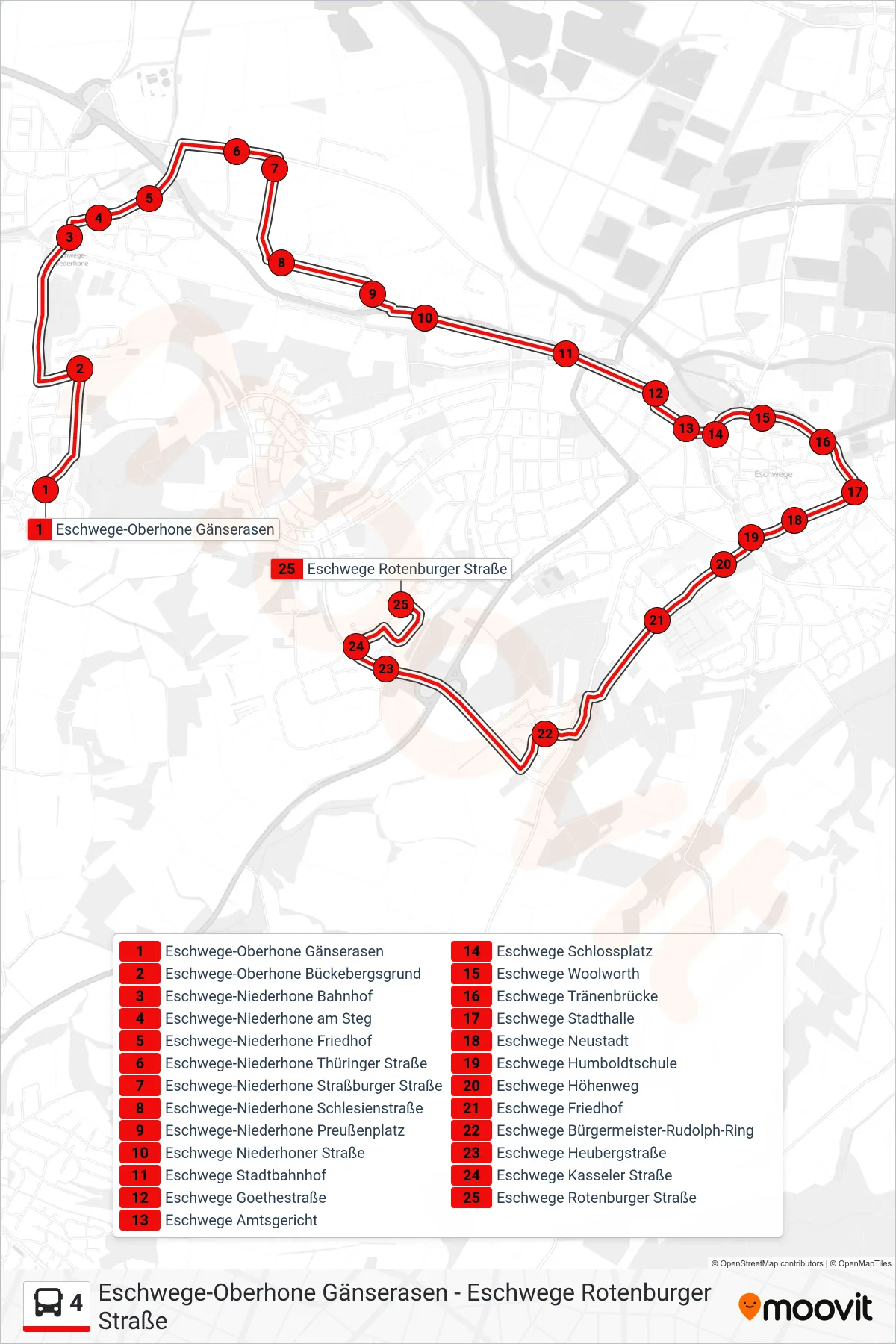 4 bus Line (Rotenburger Str.) route and stops on a map