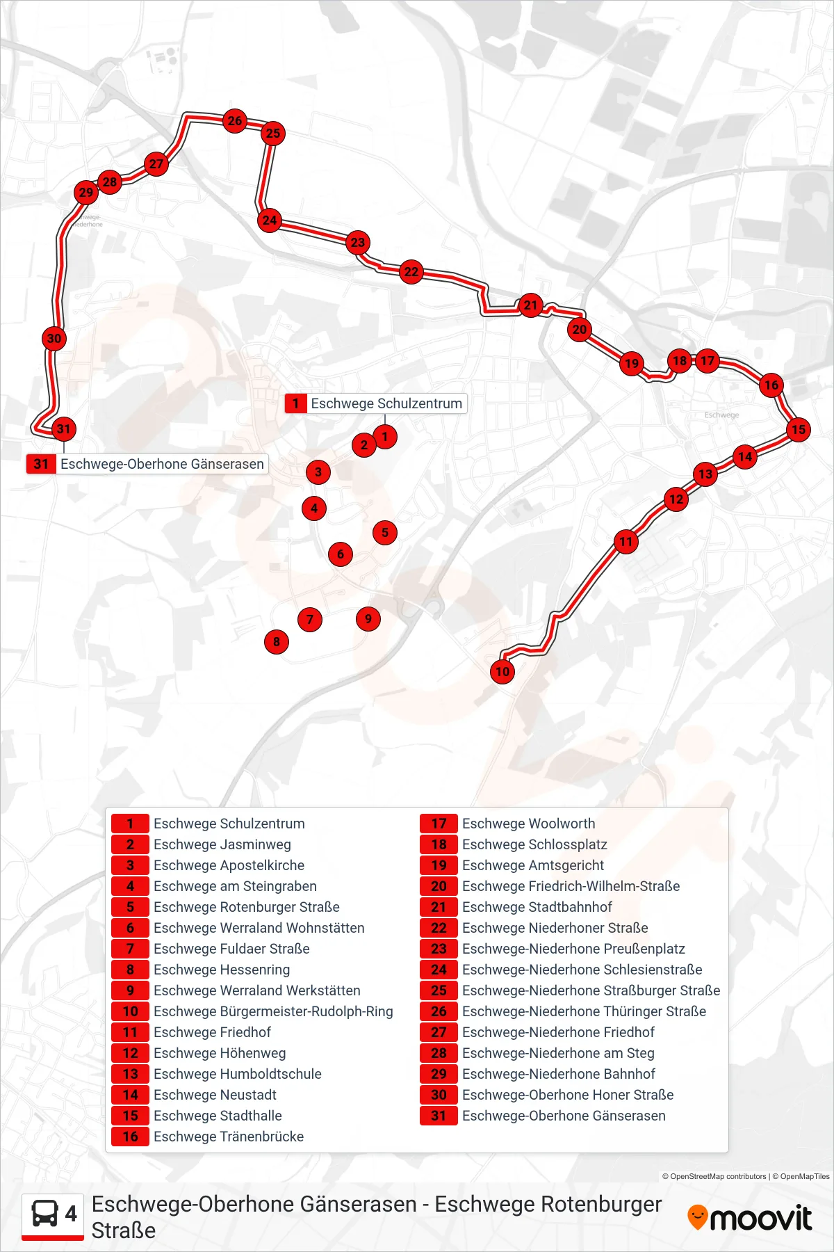 4 bus Line (Oberhone) route and stops on a map