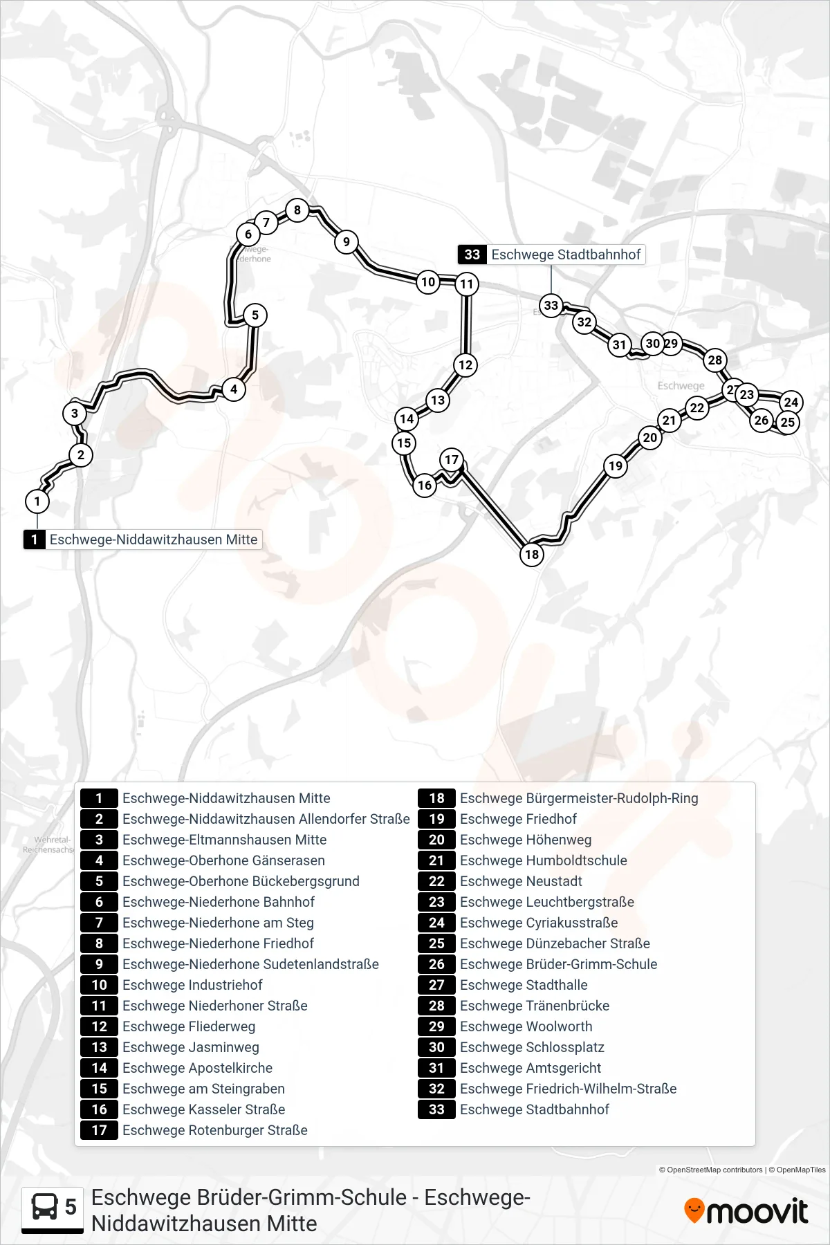 5 bus Line (Stadtbahnhof) route and stops on a map