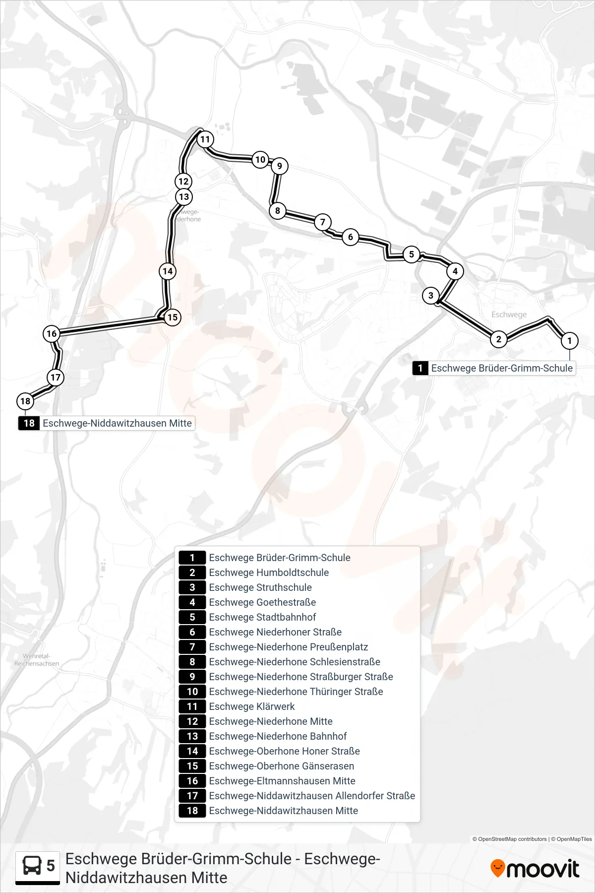 5 bus Line (Niddawitzhausen) route and stops on a map