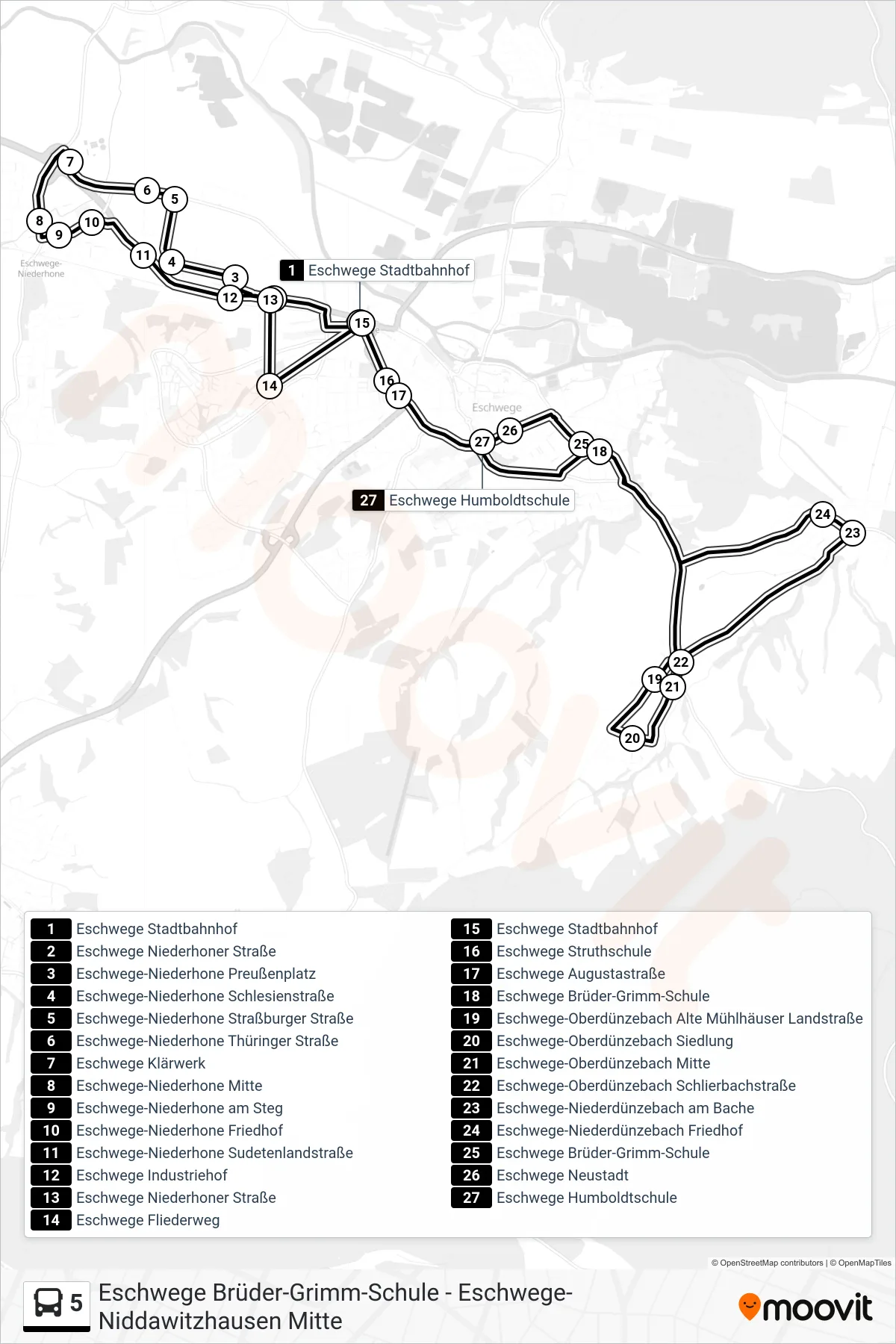 5 bus Line (Humboldtschule) route and stops on a map