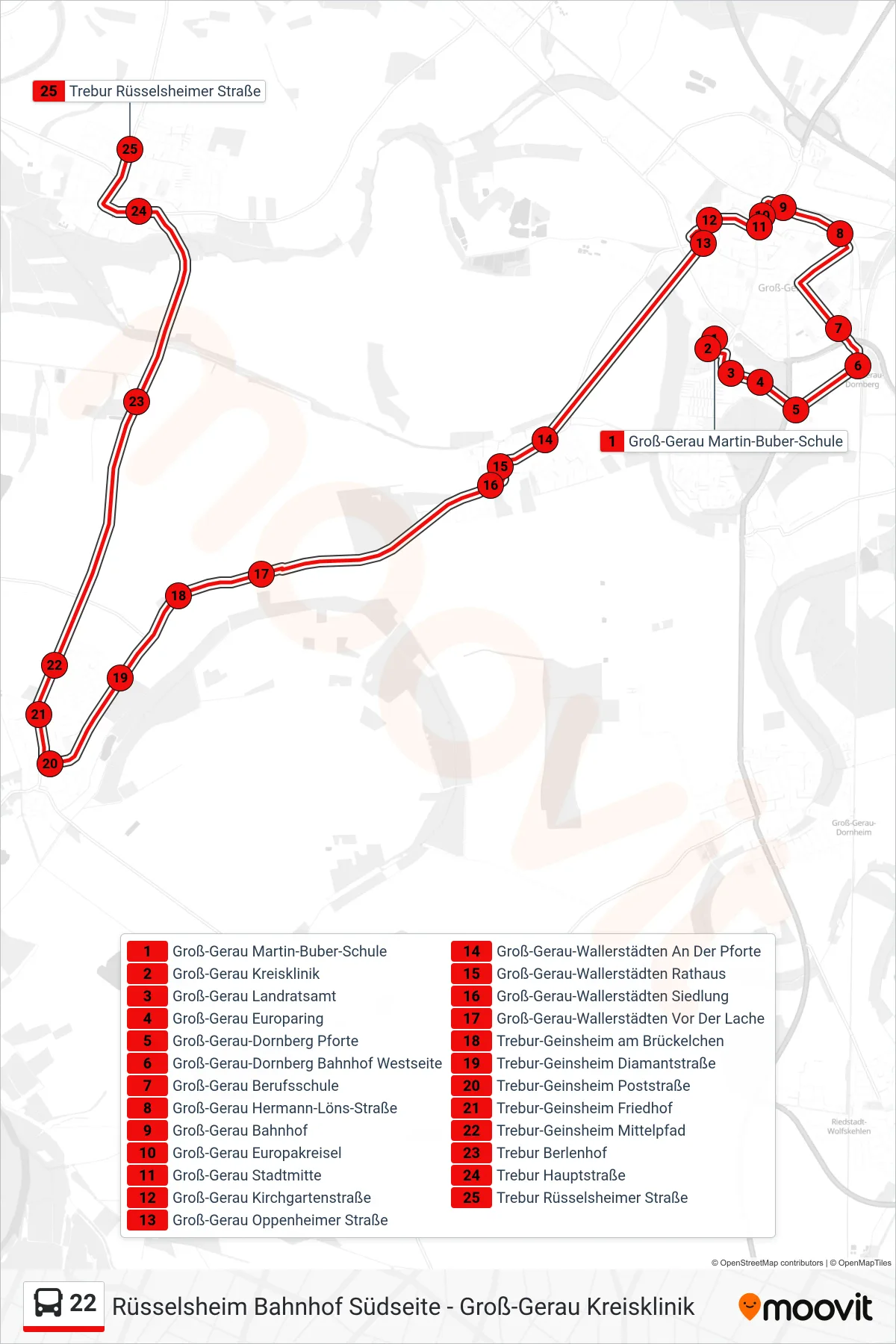 22 bus Line (Trebur Rüsselsheimer Straße) route and stops on a map