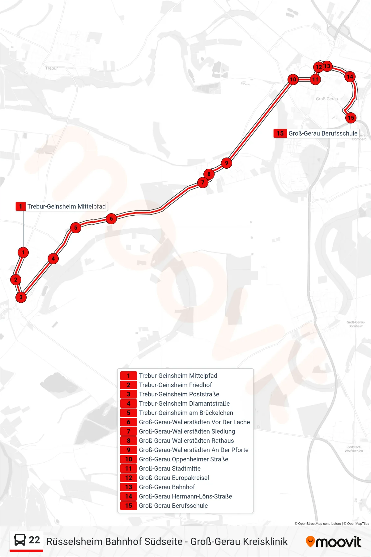 22 bus Line (Groß-Gerau Berufsschule) route and stops on a map