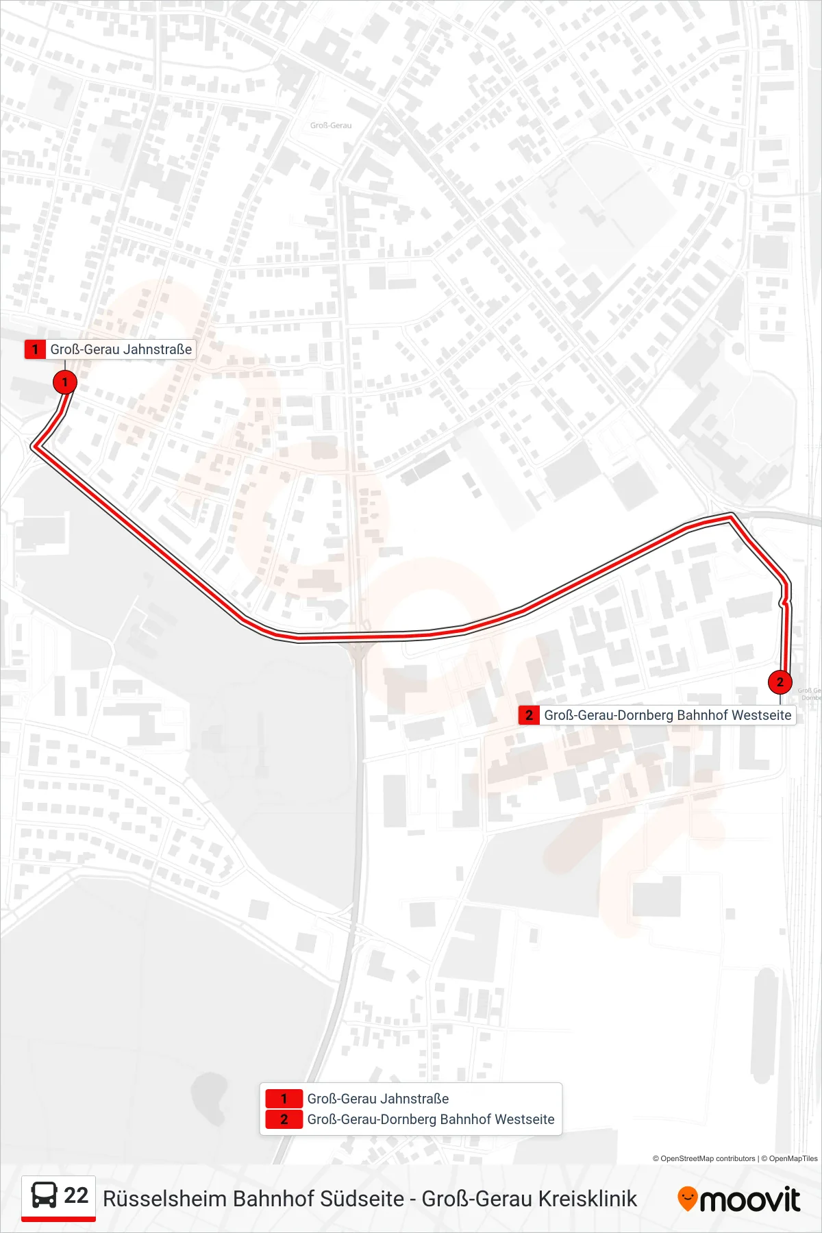 Linie 22 (Bus) Richtung Groß-Gerau-Dornberg Bahnhof Westseite: Route und Haltestellen auf der Karte