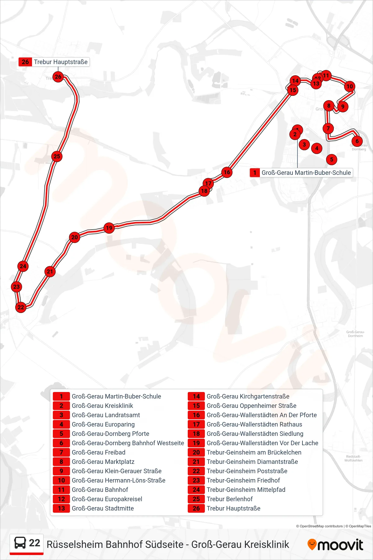22 bus Line (Trebur Hauptstraße) route and stops on a map