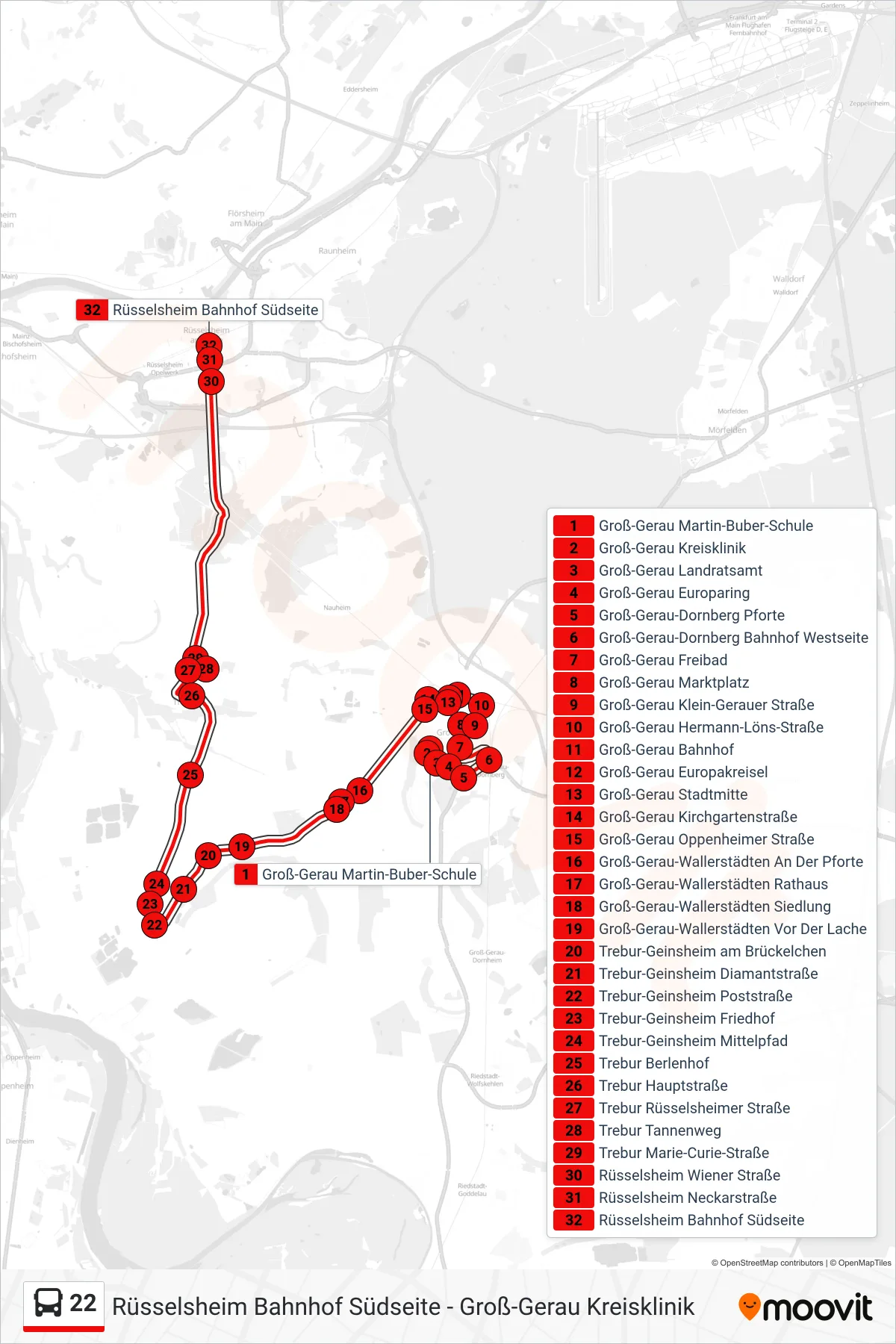 22 bus Line (Rüsselsheim Bahnhof Südseite) route and stops on a map