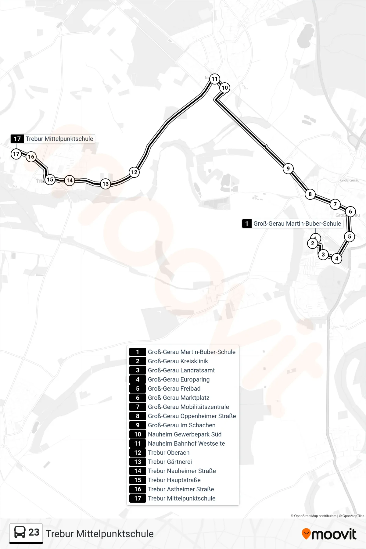 23 bus Line (Trebur Mittelpunktschule) route and stops on a map